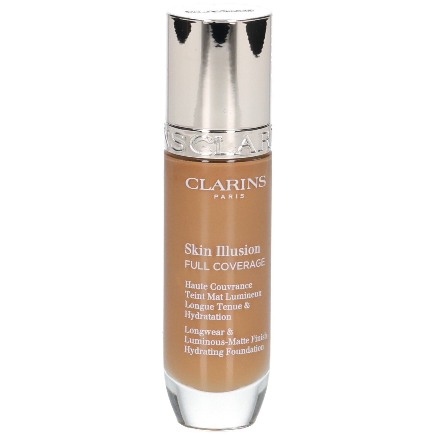 Clarins Skin Illusion Full Coverage Foundation 116.5W. Fles met zilveren dop, vooraanzicht.