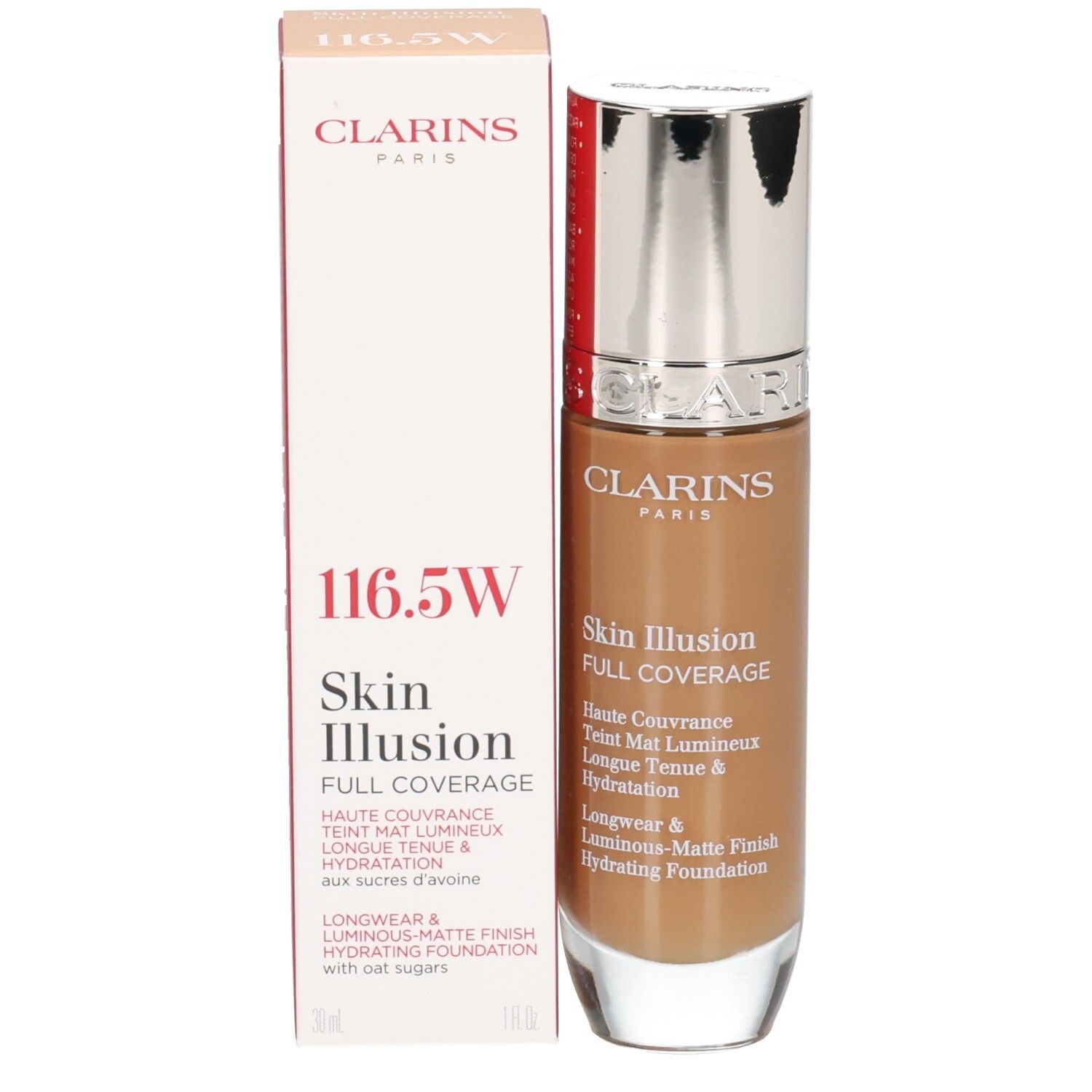 Clarins Skin Illusion Full Coverage Foundation 116.5W en verpakking. Fles met zilveren dop.