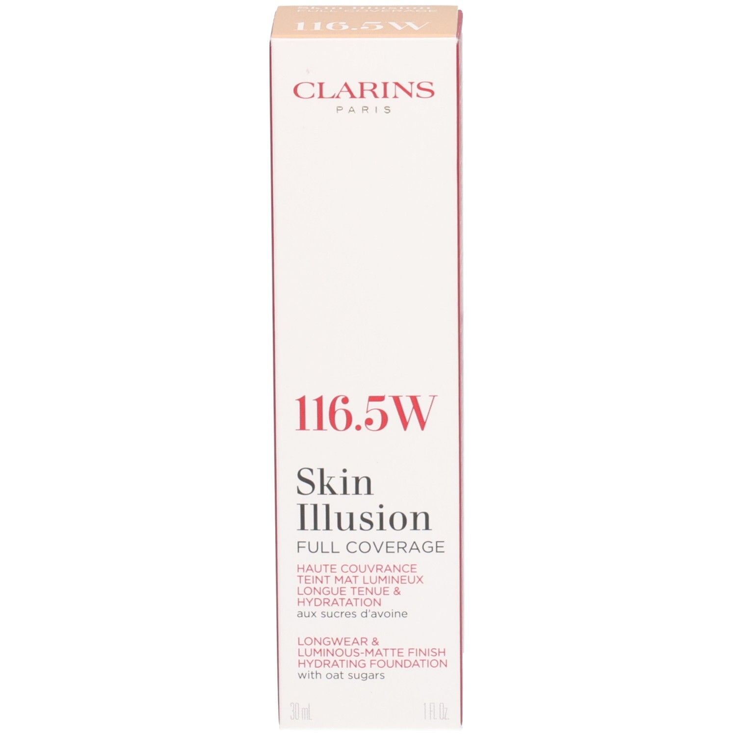 Verpakking voor Clarins Skin Illusion Full Coverage Foundation 116.5W. Kartonnen doos met productinformatie.