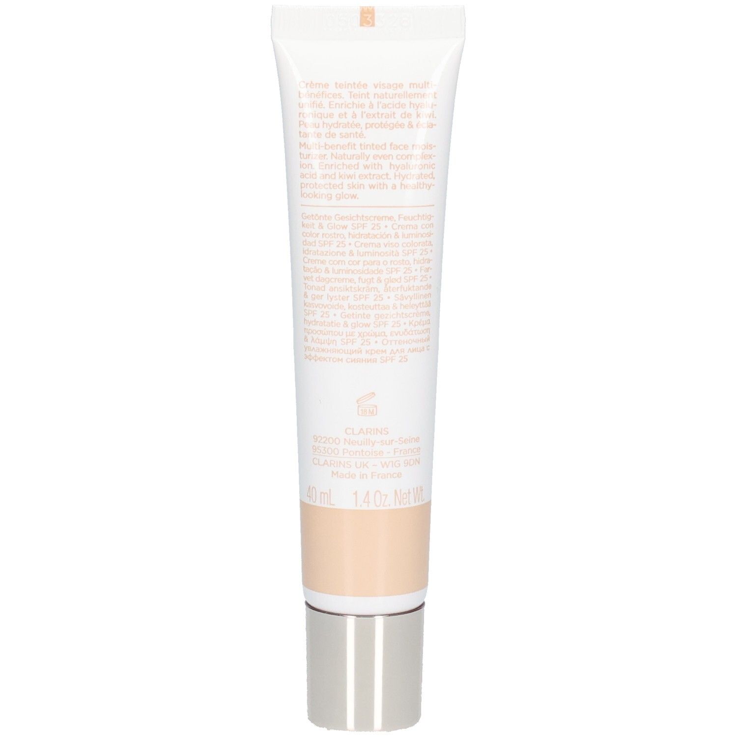 Achterkant van de Clarins Skin Illusion getinte hydraterende crème SPF 25 tube.
