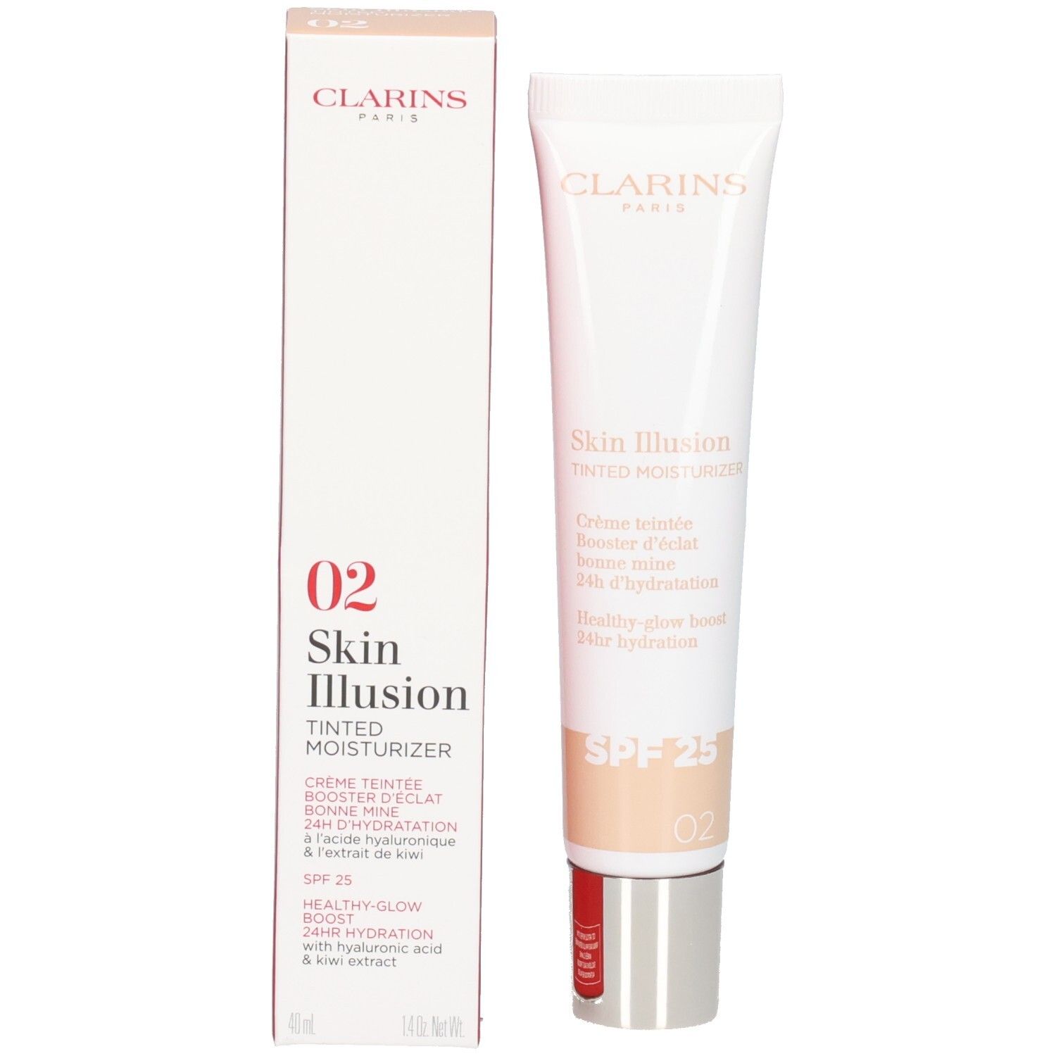 Clarins Skin Illusion getinte hydraterende crème SPF 25, tint 02, met verpakking.