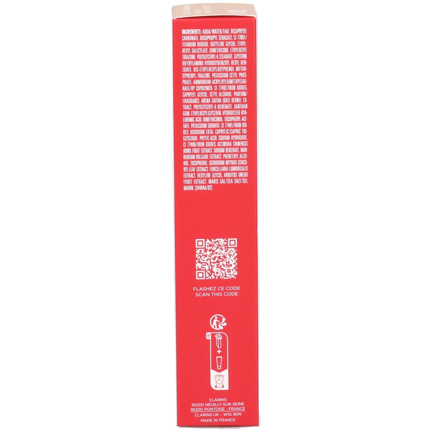 Zijaanzicht van de Clarins Skin Illusion verpakking met ingrediëntenlijst.