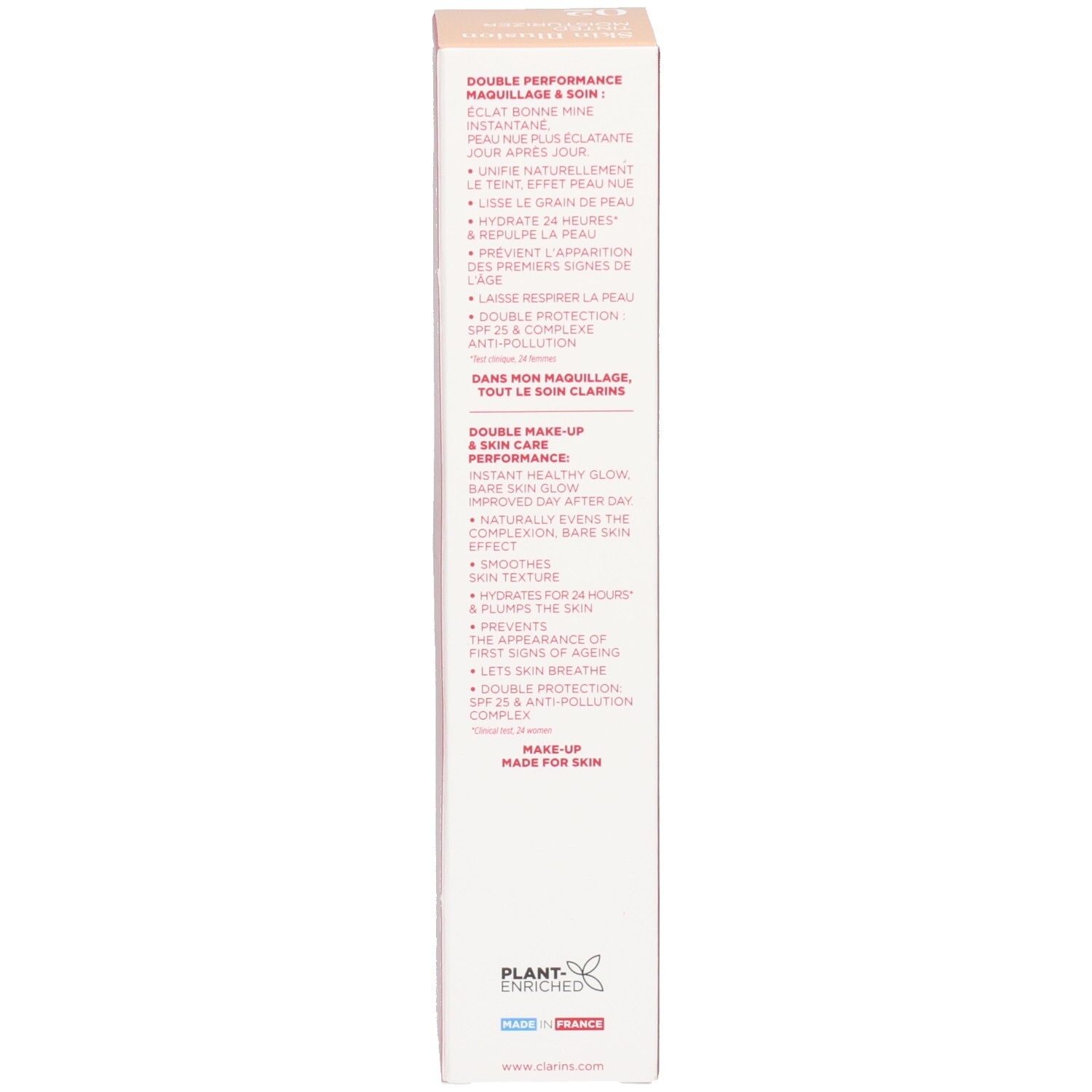 Zijaanzicht van de Clarins Skin Illusion verpakking met productvoordelen.