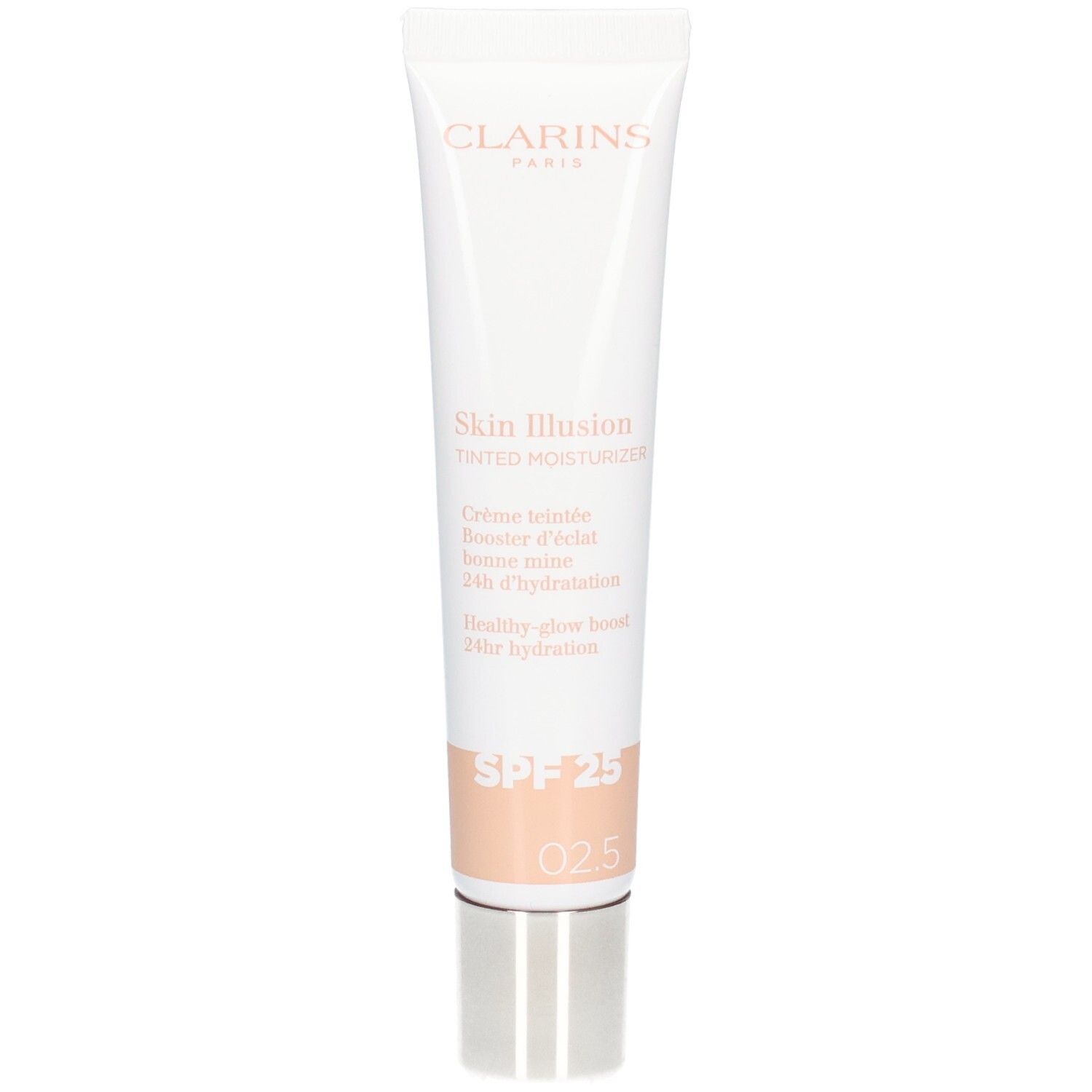 Clarins Skin Illusion crème teintée SPF 25, teinte 025. Tube blanc avec bouchon argenté.