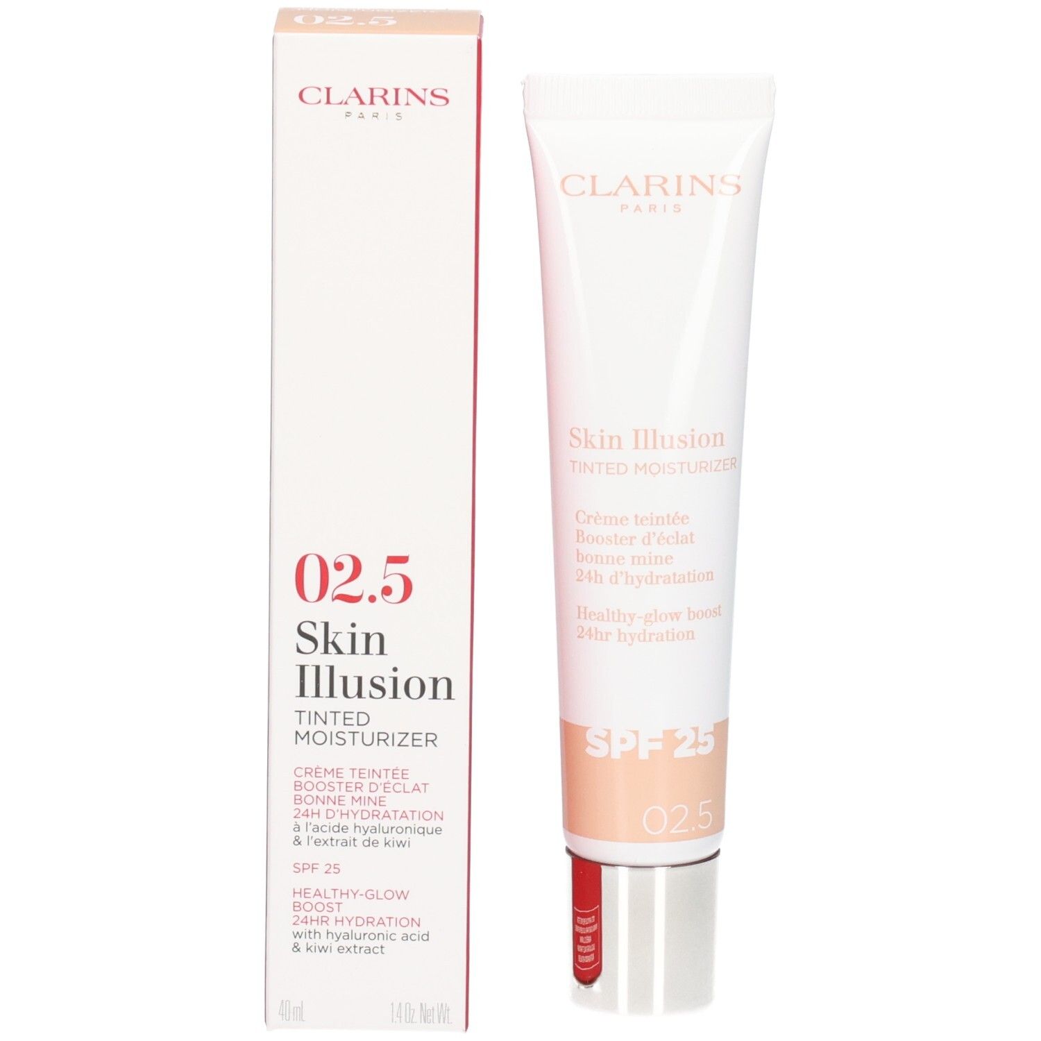 Clarins Skin Illusion crème teintée SPF 25, teinte 025, à côté de sa boîte.