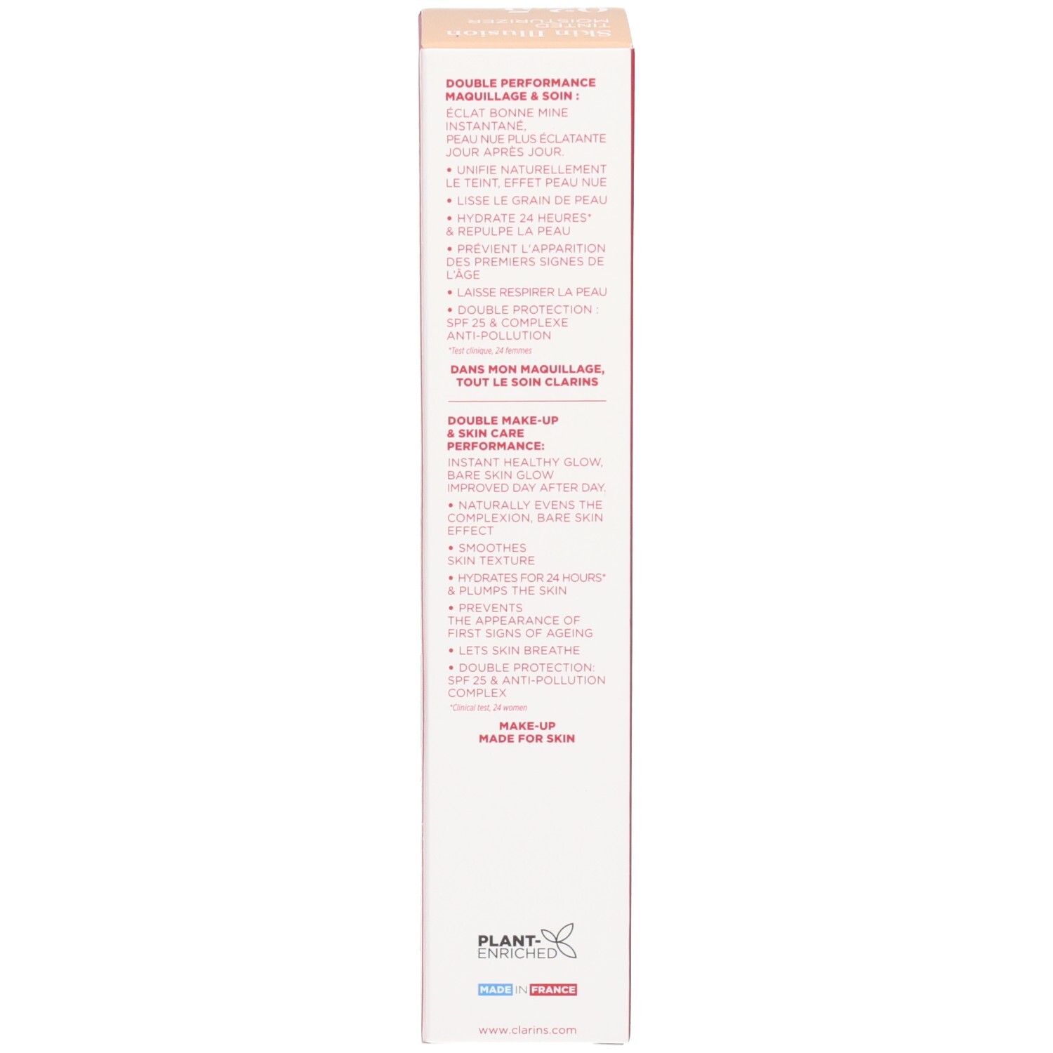 Côté de la boîte Clarins Skin Illusion avec bénéfices produit et sceaux.