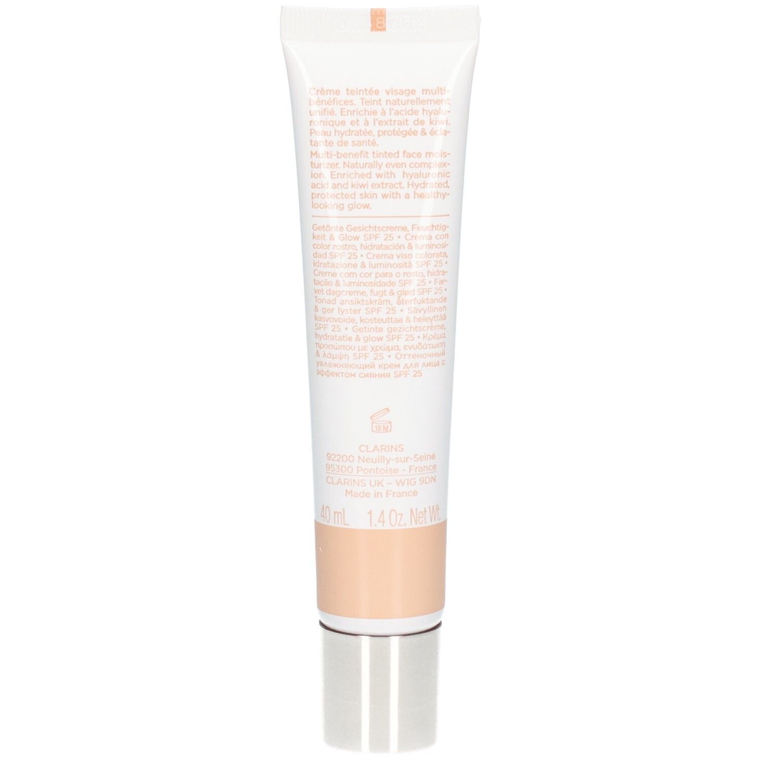 Achterkant van Clarins Skin Illusion getinte dagcrème met ingrediëntenlijst.