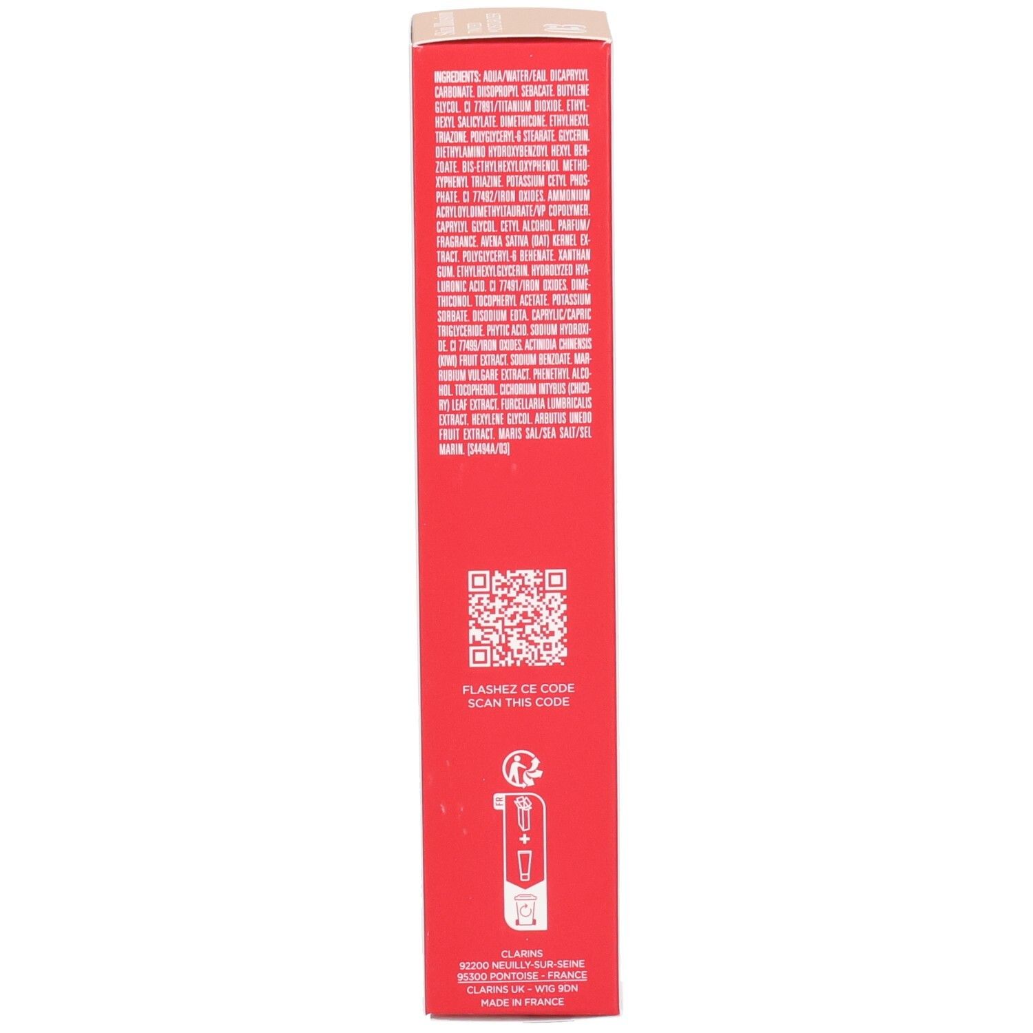 Zijde van Clarins Skin Illusion verpakking met ingrediënten en QR-code.