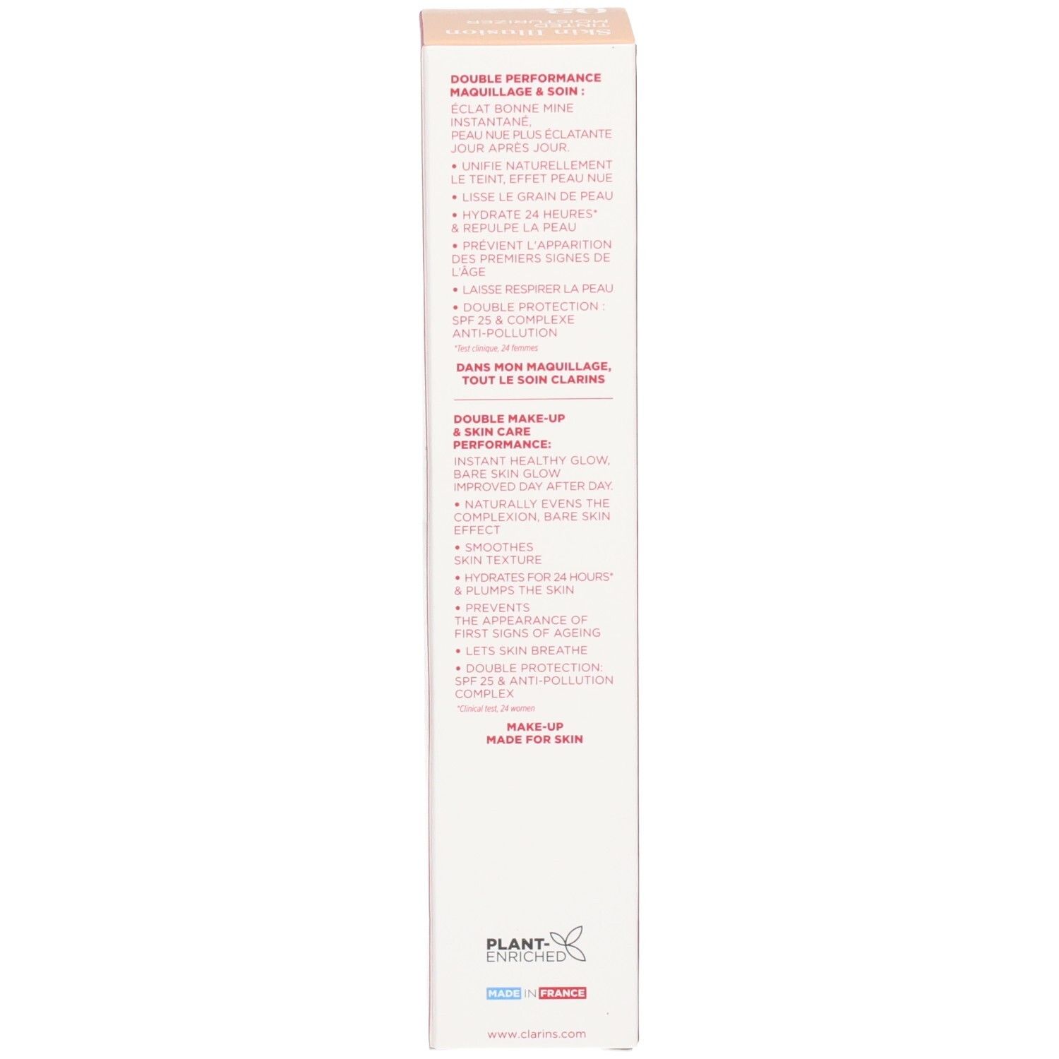 Achterkant van Clarins Skin Illusion verpakking met productvoordelen.