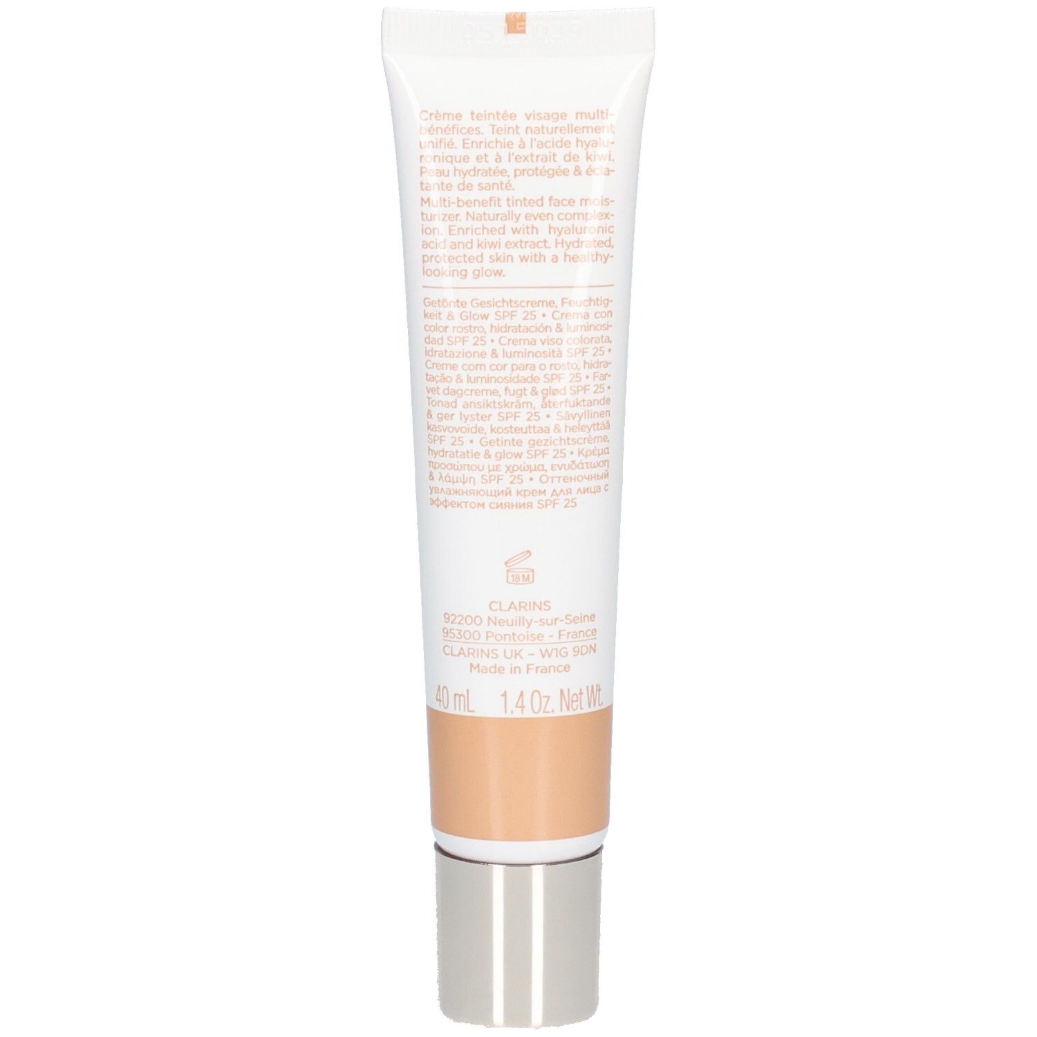 Achterkant van de Clarins Skin Illusion getinte hydraterende crème SPF 25, 40ml.