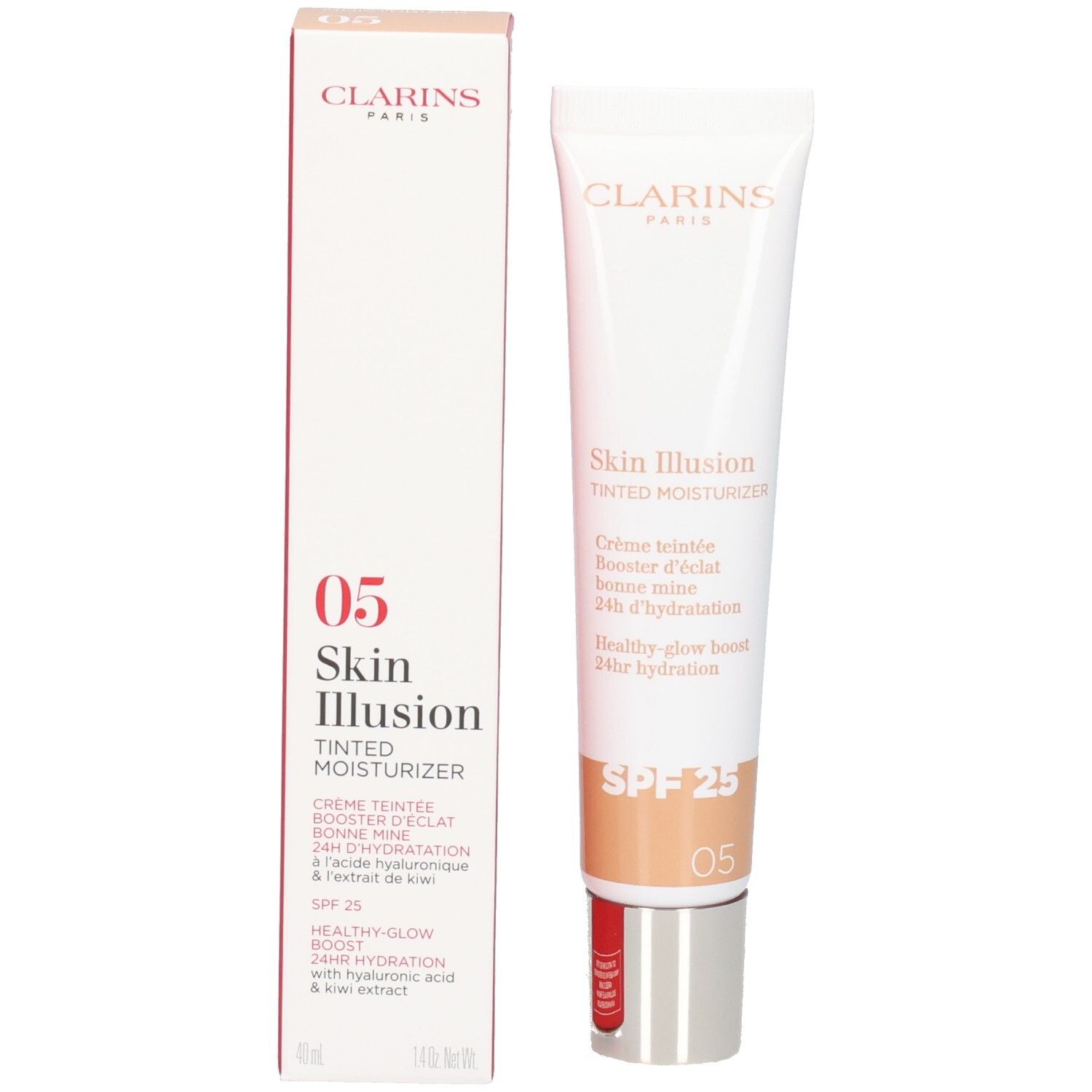 Clarins Skin Illusion getinte hydraterende crème SPF 25, tint 05, met doos.