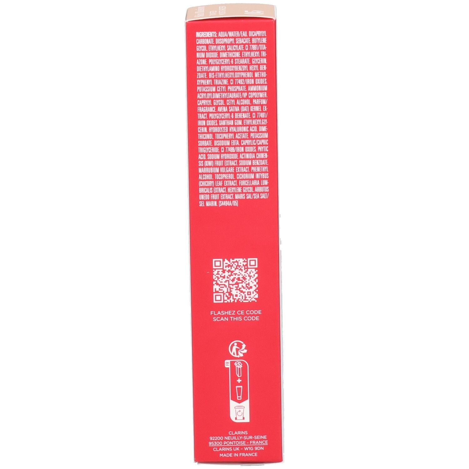 Zijaanzicht van de Clarins Skin Illusion productverpakking met ingrediënten.