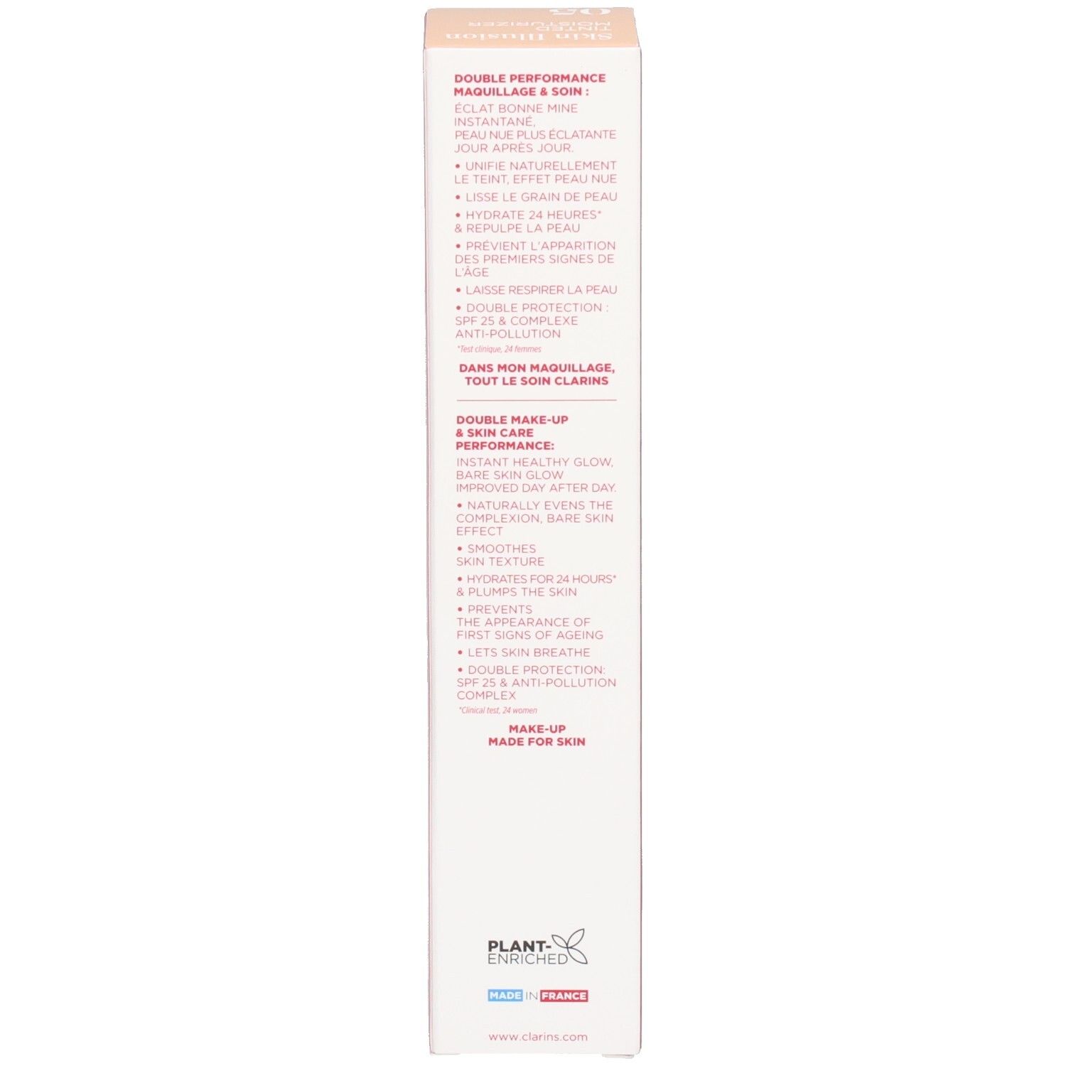 Achterkant van de Clarins Skin Illusion productverpakking met productvoordelen.
