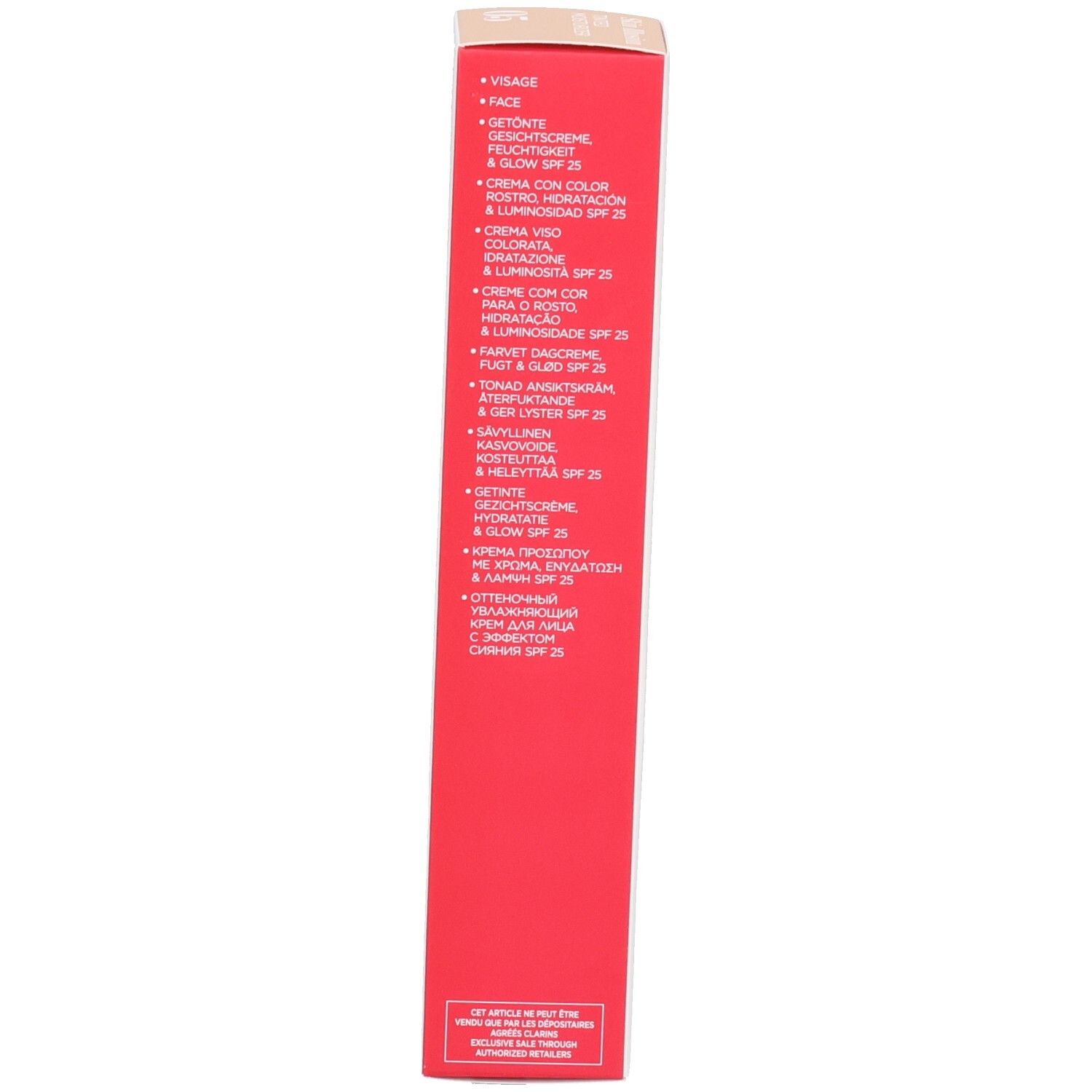 Zijaanzicht van de Clarins Skin Illusion productverpakking met productinformatie.