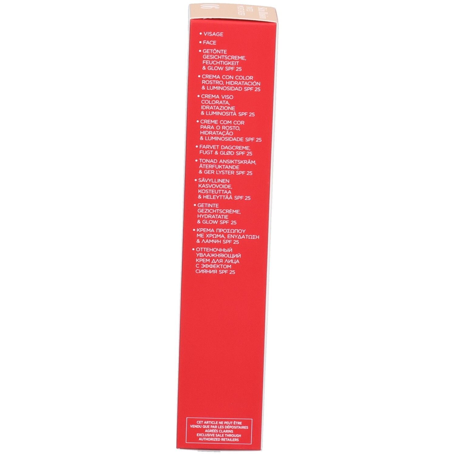 Vue latérale de la boîte Clarins Skin Illusion SPF 25 avec informations produit multilingues.