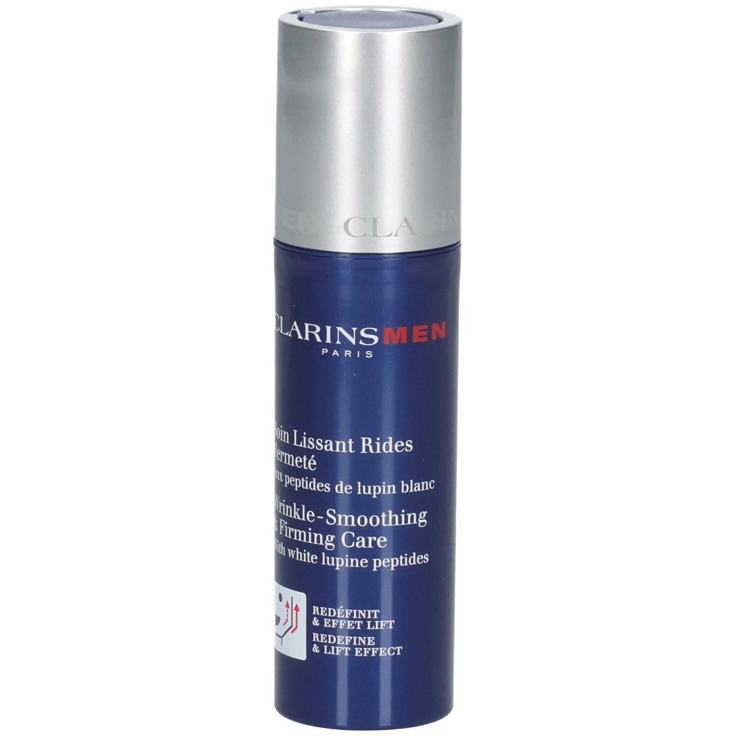 Clarins Men soin visage avec pompe. Flacon bleu avec bouchon argenté.
