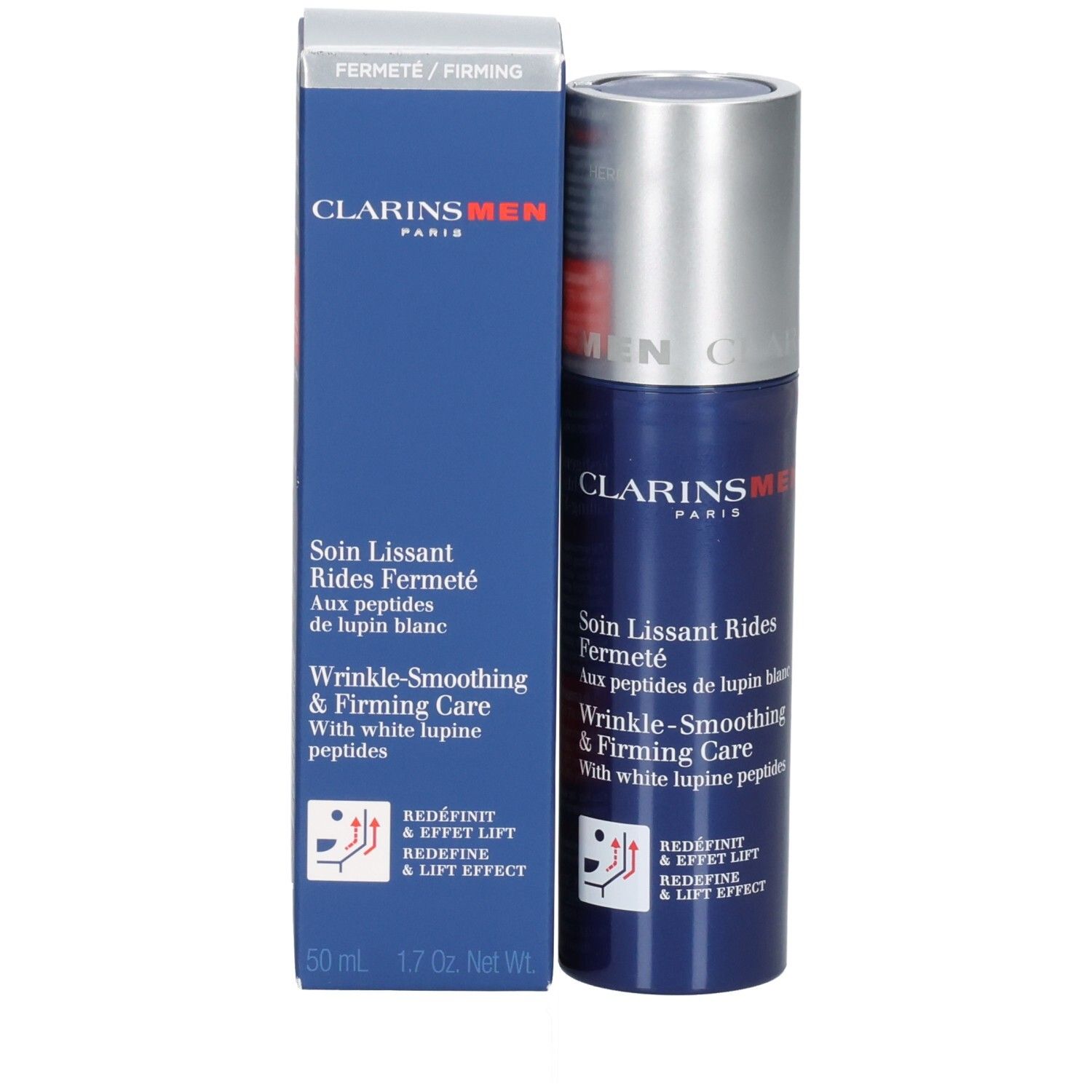 Clarins Men soin visage et emballage. Flacon bleu avec bouchon argenté.