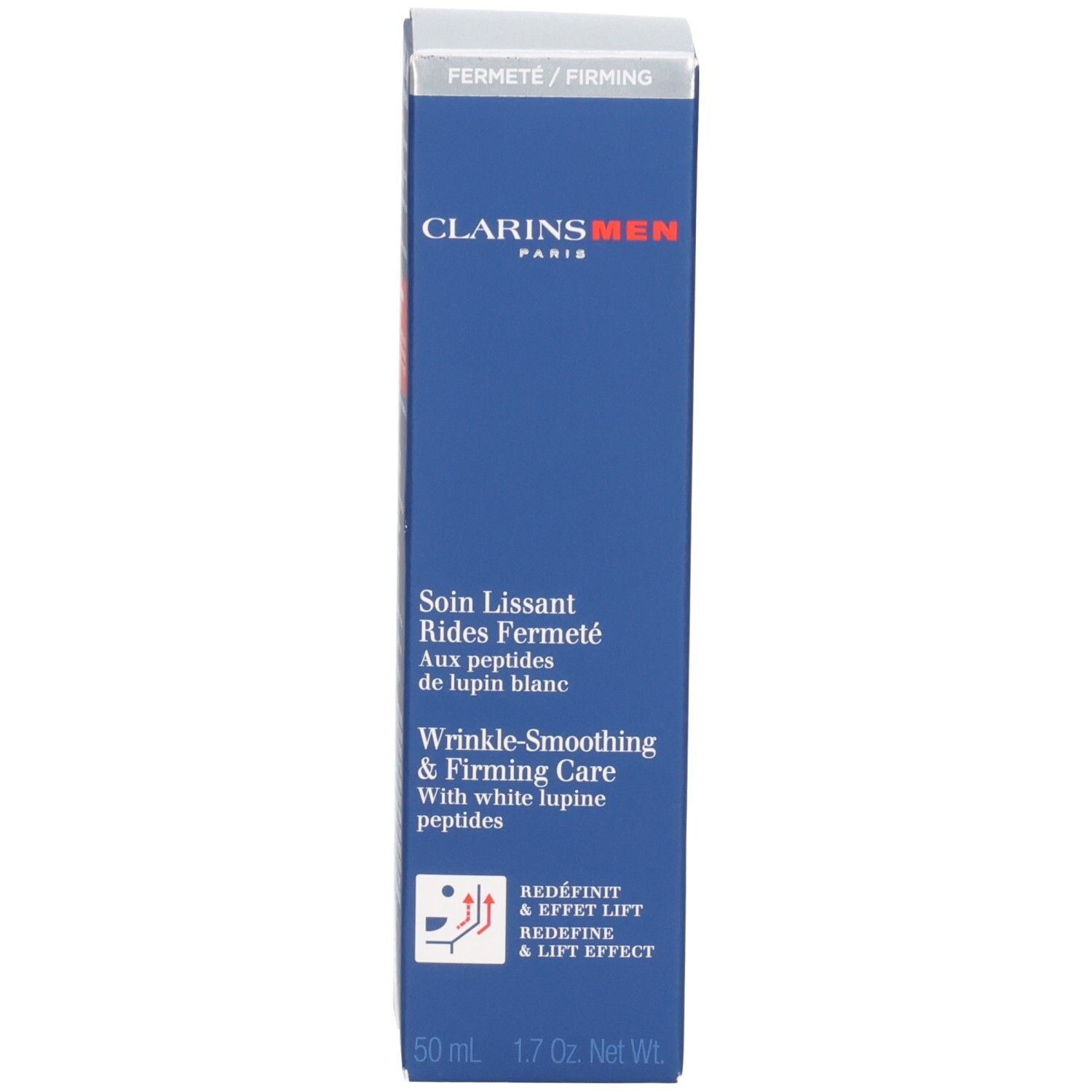 Clarins Men emballage. Boîte bleue avec bande argentée et informations produit.
