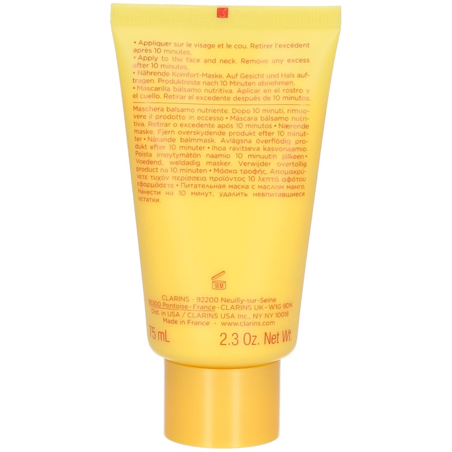 Achterkant van de Clarins SOS Comfort Voedend Balmmasker tube met instructies en informatie.