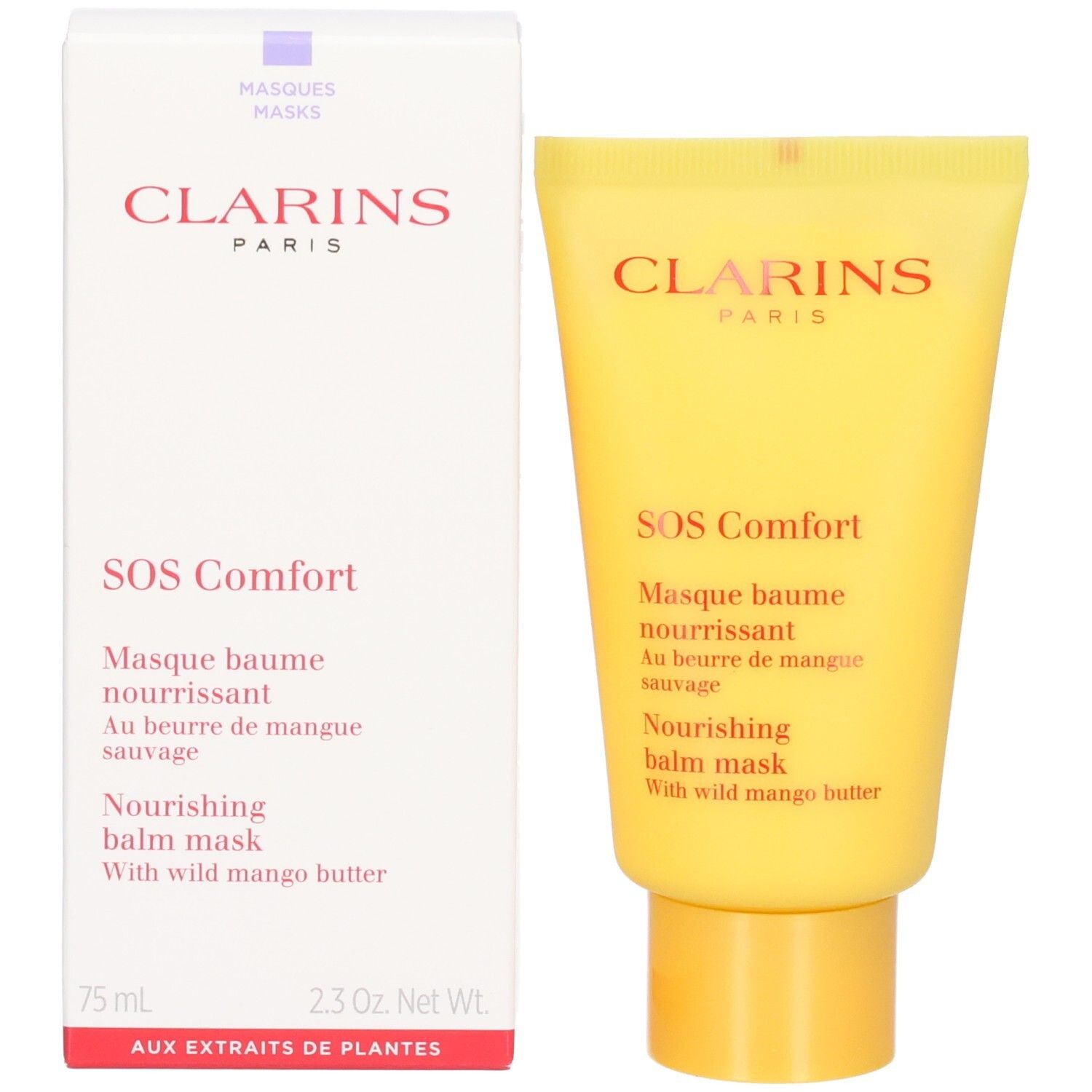 Clarins SOS Comfort Masker met verpakking. Gele tube en witte doos met productnaam.