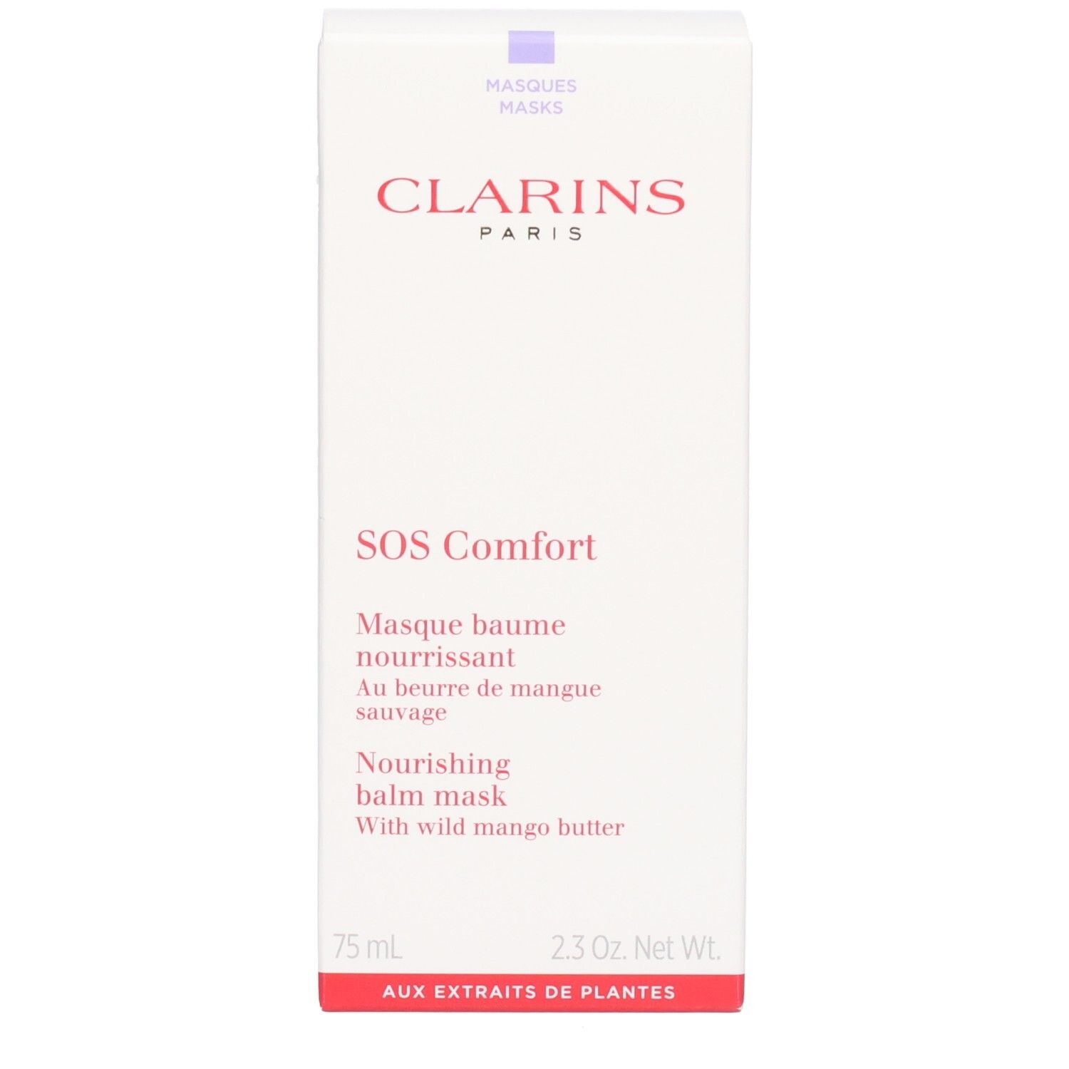 Clarins SOS Comfort Masker, witte kartonnen doos met productinformatie en merknaam.