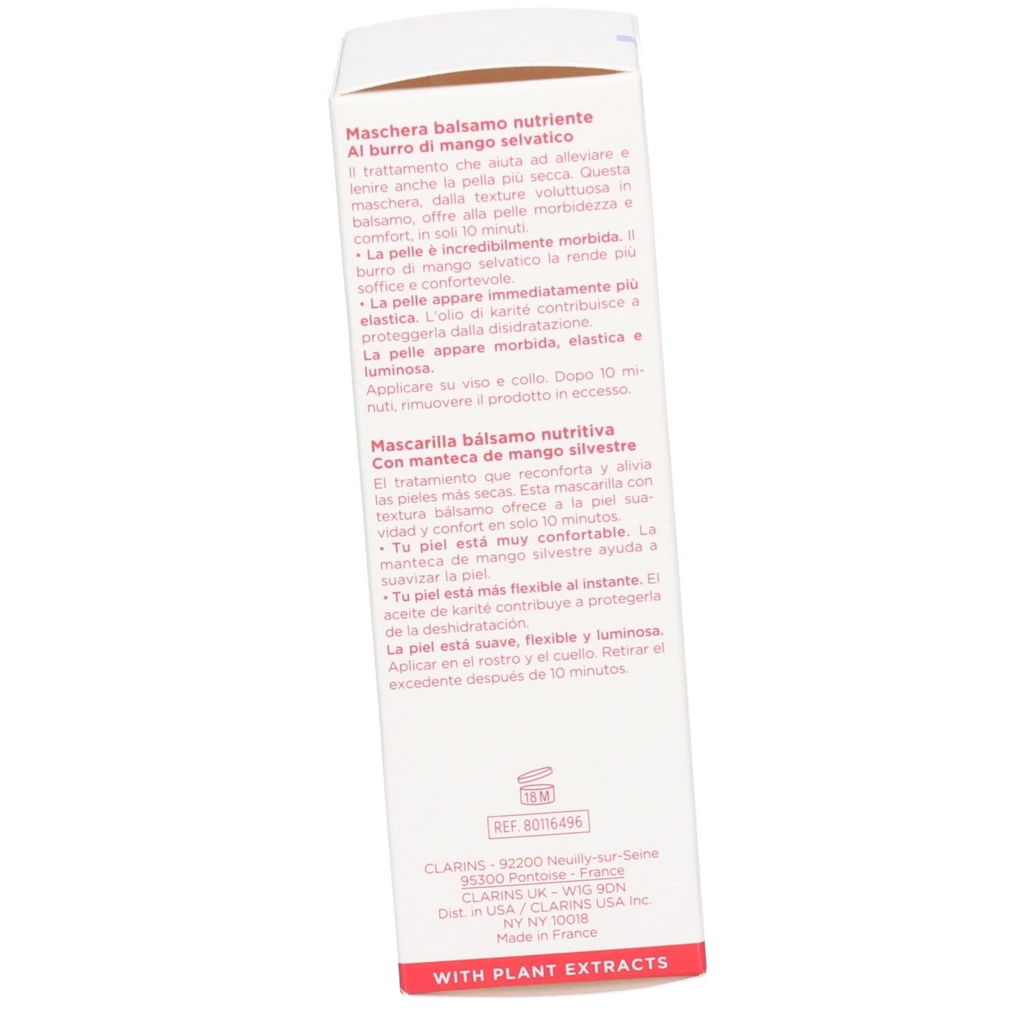 Achterkant van de Clarins SOS Comfort Masker verpakking met gedetailleerde instructies.