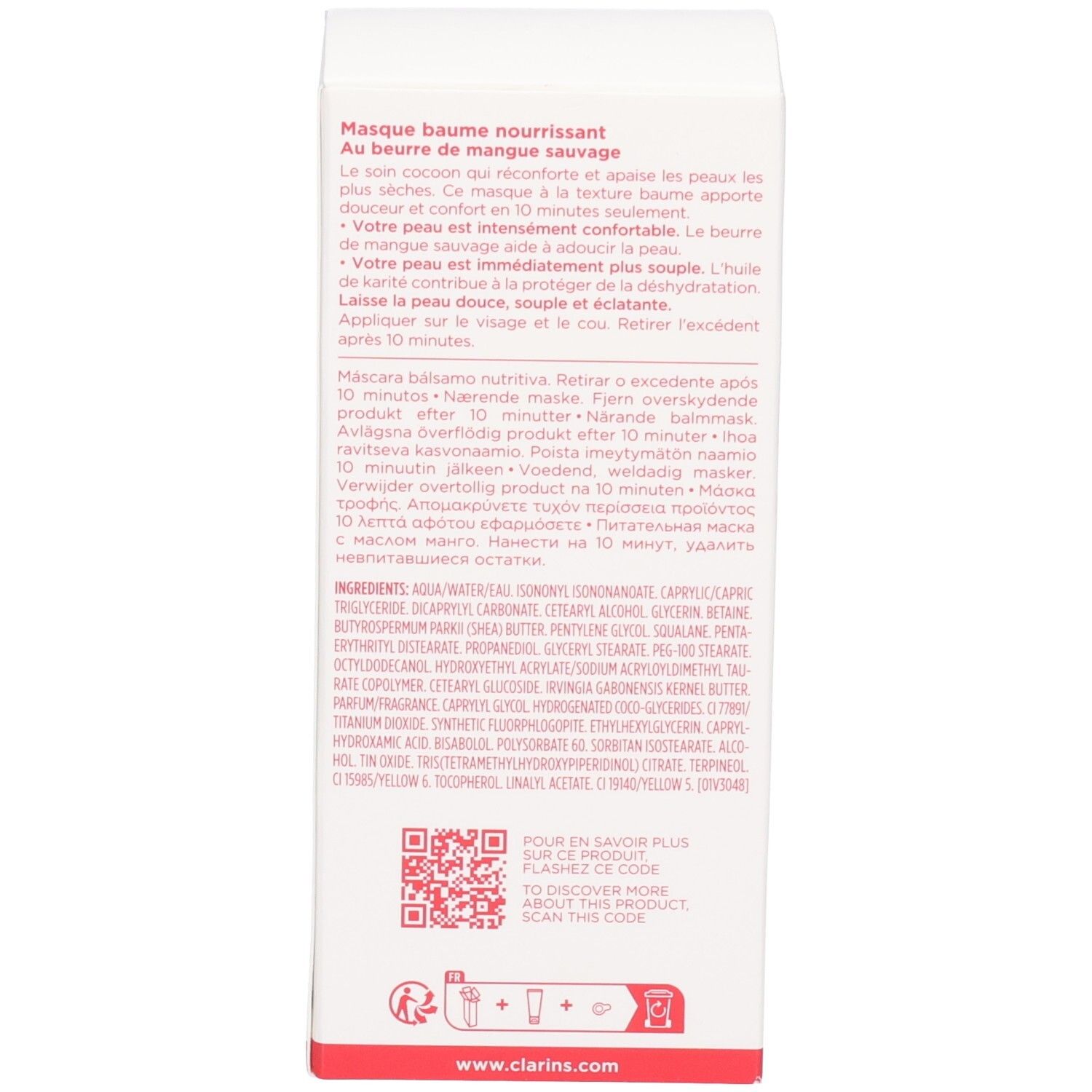 Clarins SOS Comfort Masker verpakking met ingrediëntenlijst en QR-code.