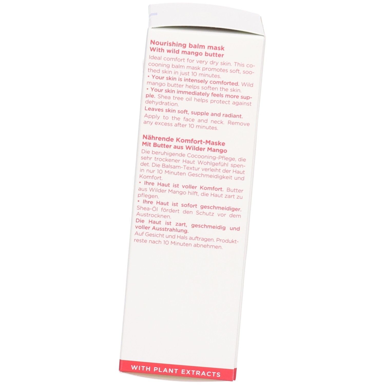 Zijkant van de Clarins SOS Comfort Masker verpakking met beschrijving van voordelen en ingrediënten.