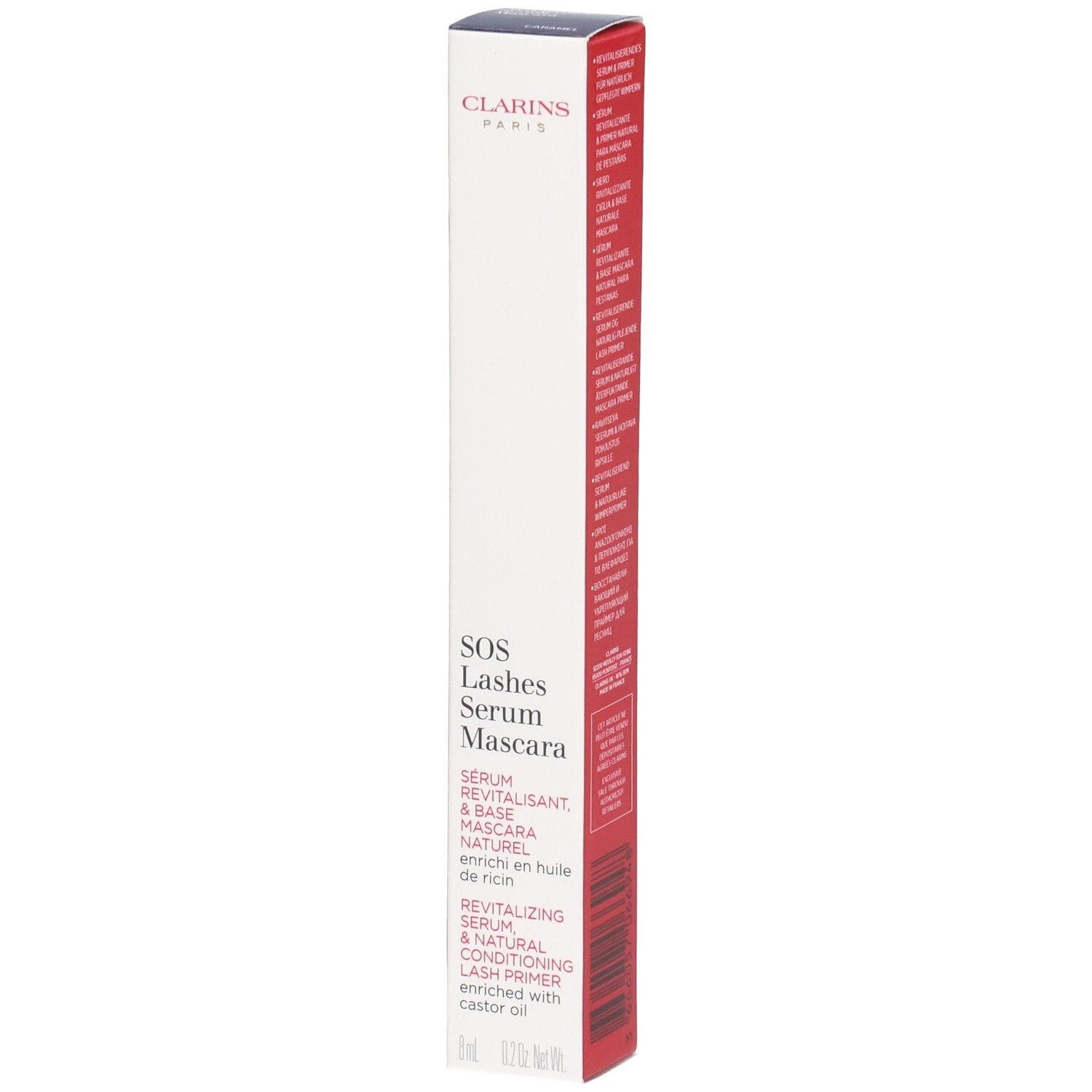 Emballage du sérum mascara SOS Lashes de Clarins avec informations produit et logo.