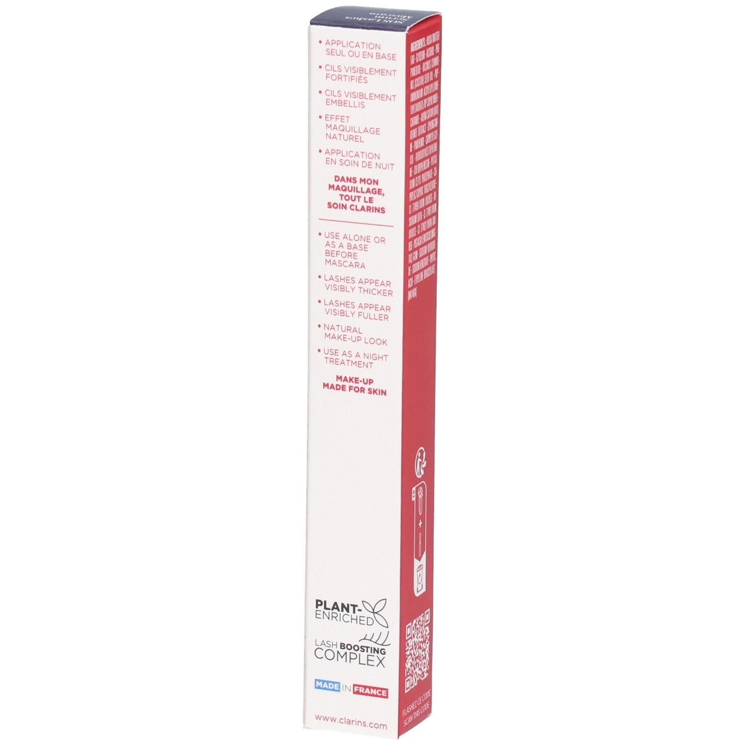 Emballage du sérum mascara SOS Lashes Clarins avec instructions d'application et sceaux.