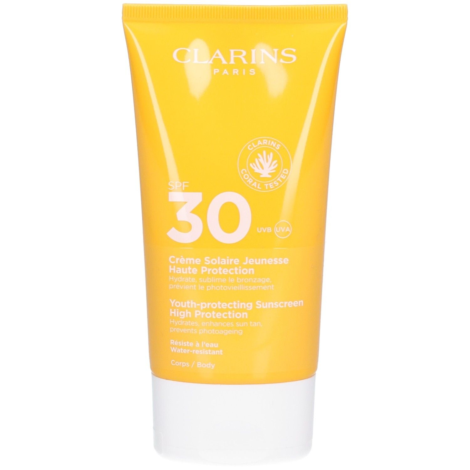 Clarins Zonnecrème tube SPF 30, geel met witte dop.