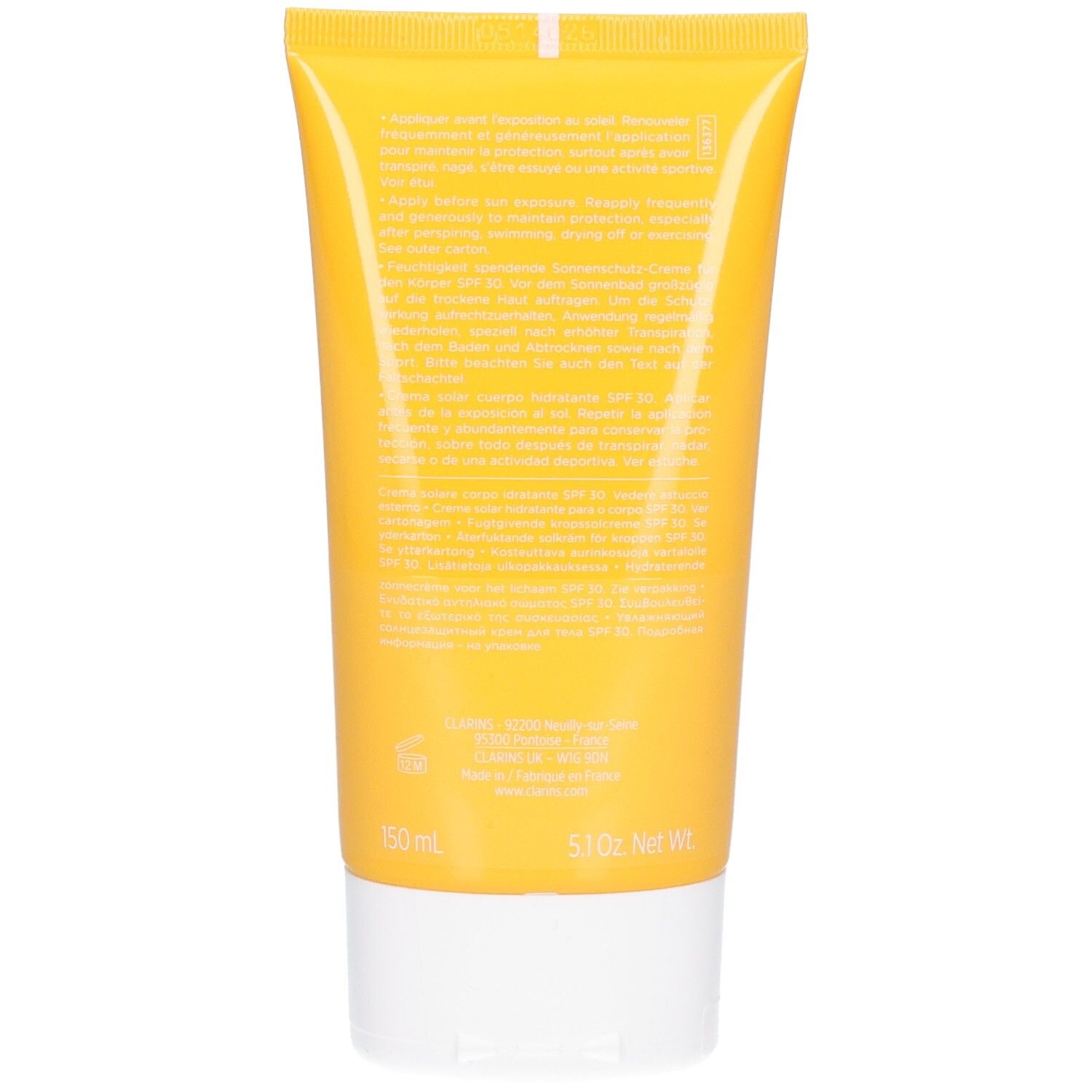 Achterkant van de Clarins Zonnecrème tube met productinformatie en SPF 30.