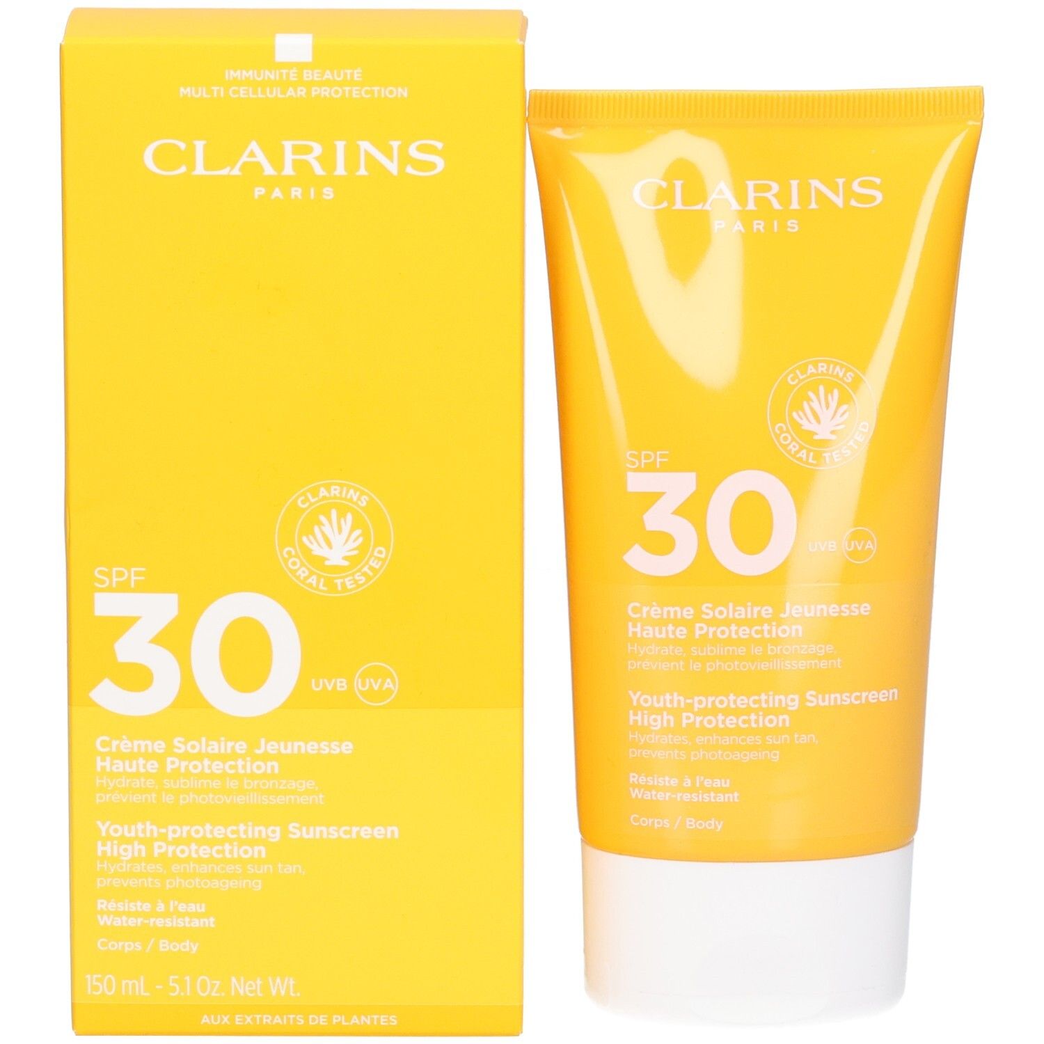 Clarins Zonnecrème SPF 30 en verpakking, beide geel.