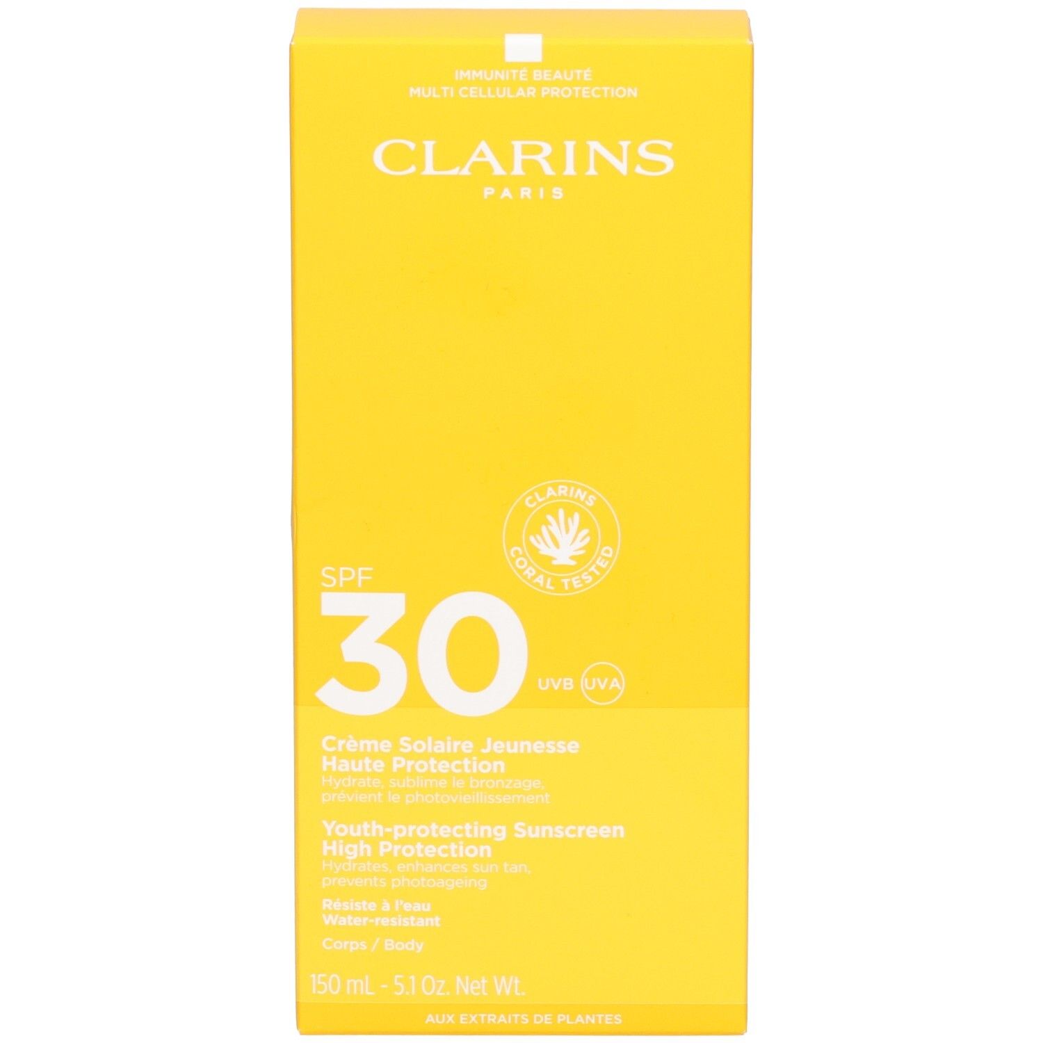 Gele Clarins Zonnecrème verpakking met SPF 30 opdruk.