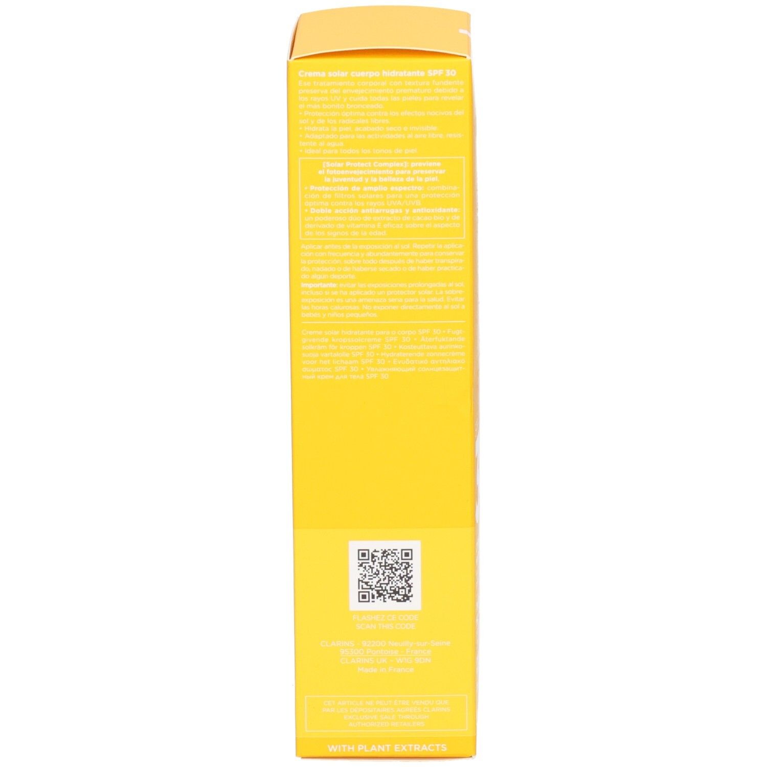 Zijkant van de Clarins Zonnecrème doos met gedetailleerde productinformatie.