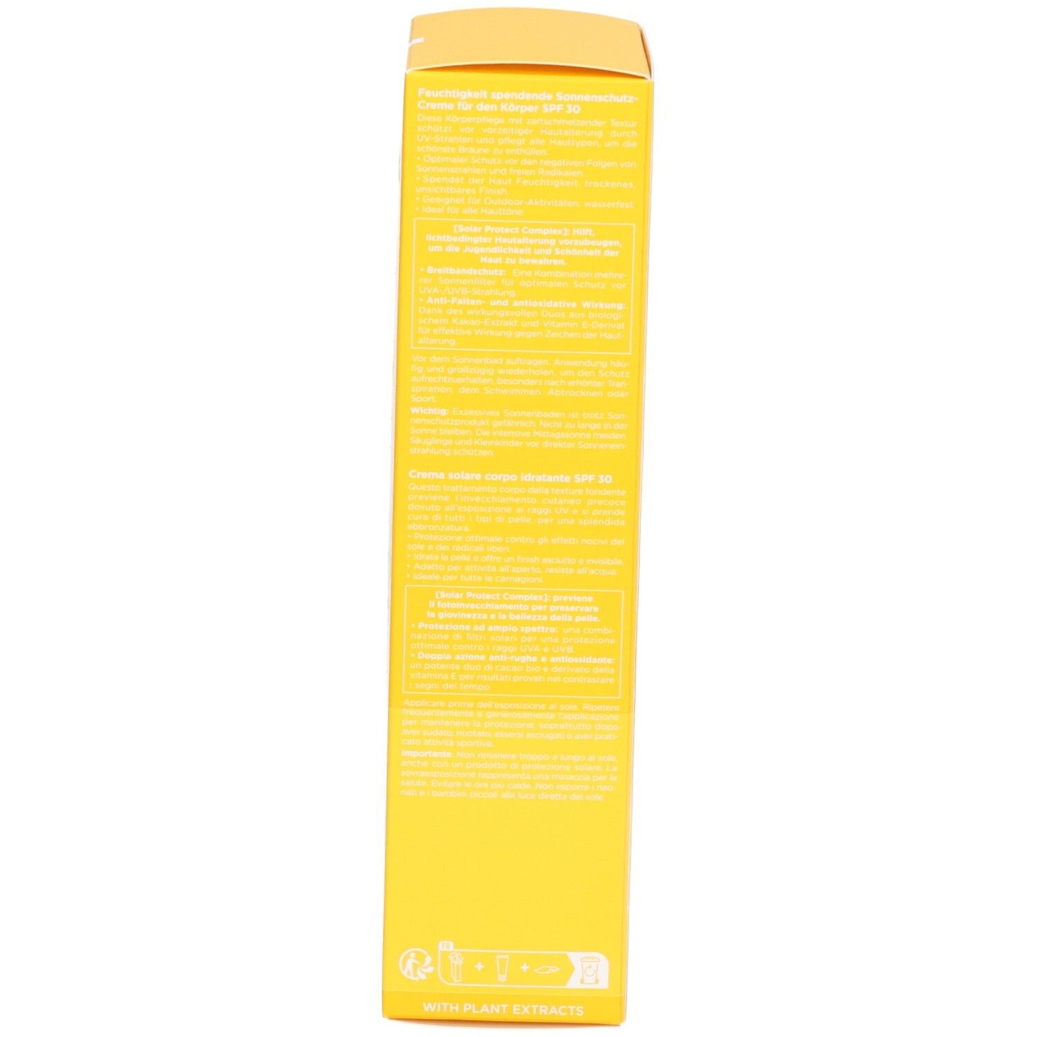 Zijkant van de Clarins Zonnecrème doos met producttekst en plantenextracten.