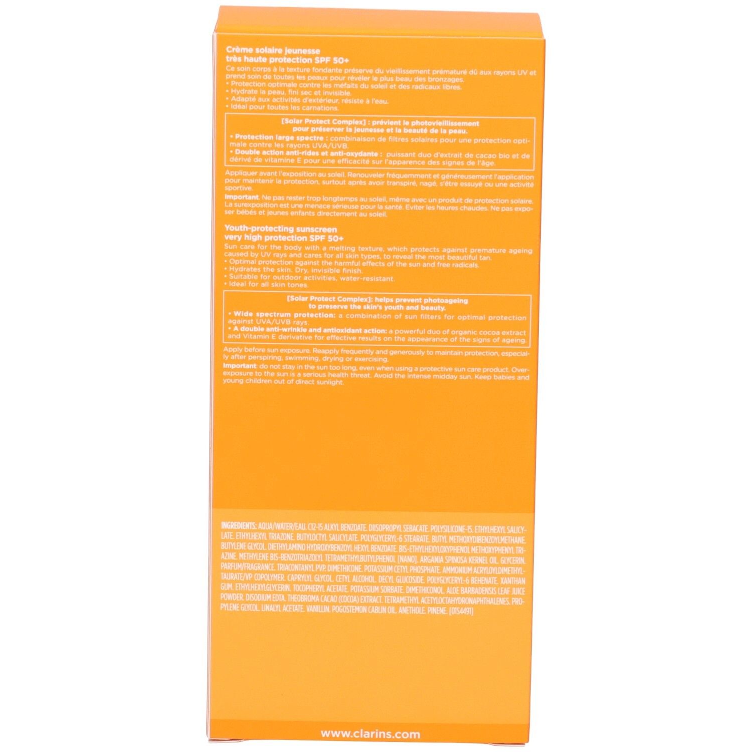Arrière de l'emballage de crème solaire Clarins avec informations détaillées sur le produit.