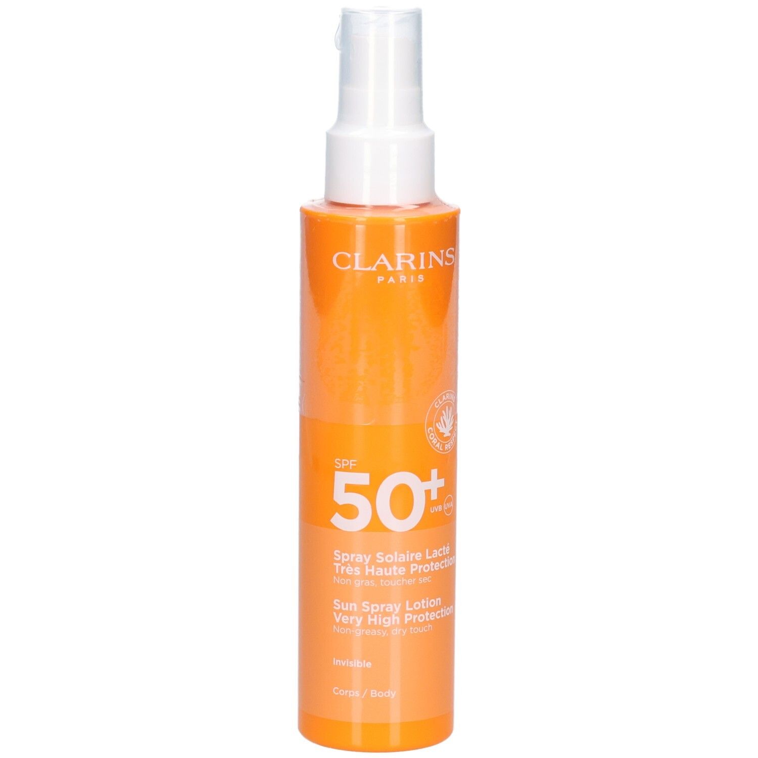 Clarins Zonnebrandlotion Spray SPF 50+ in oranje fles met witte pomp.