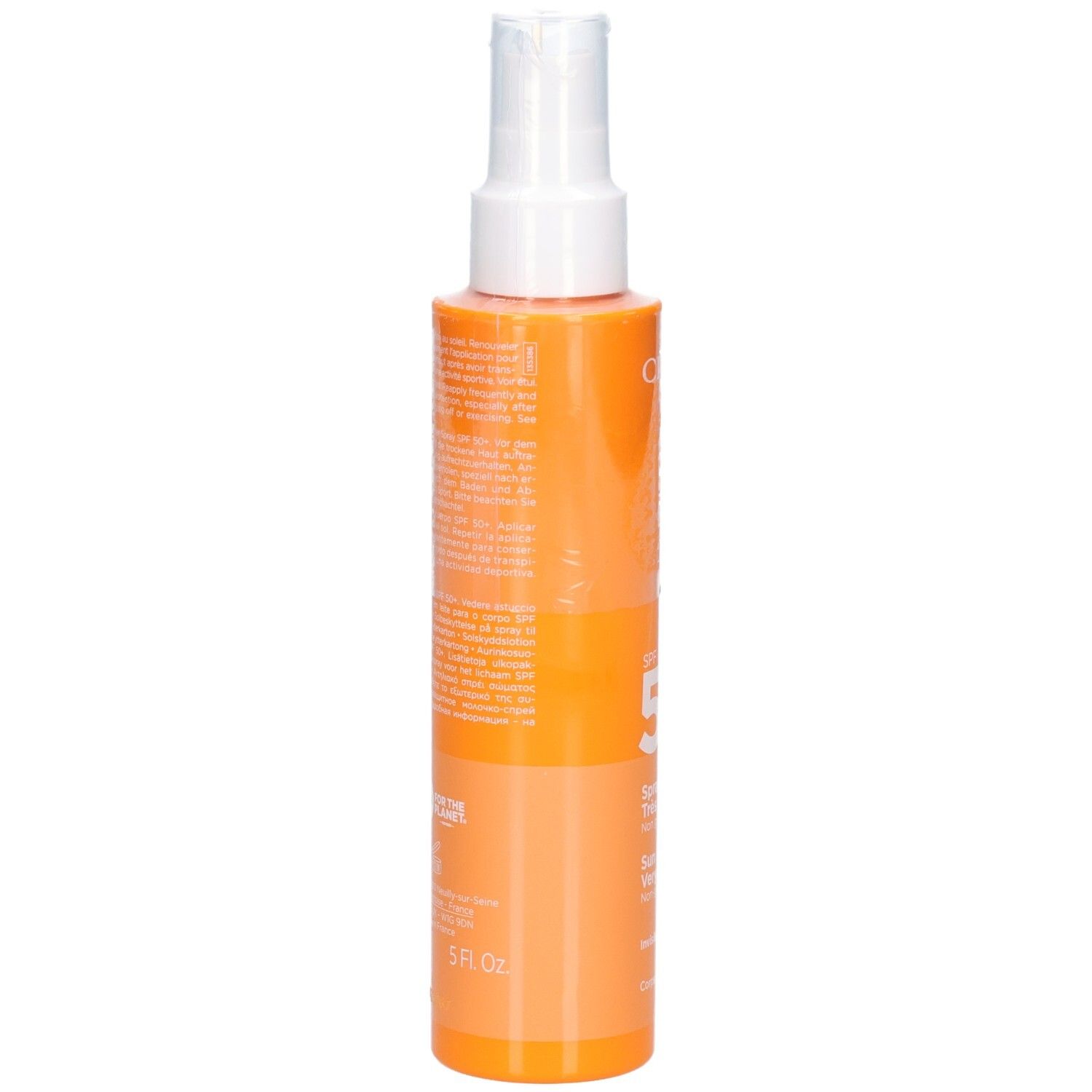Achterkant van de Clarins Zonnebrandlotion Spray SPF 50+ fles met productinformatie.