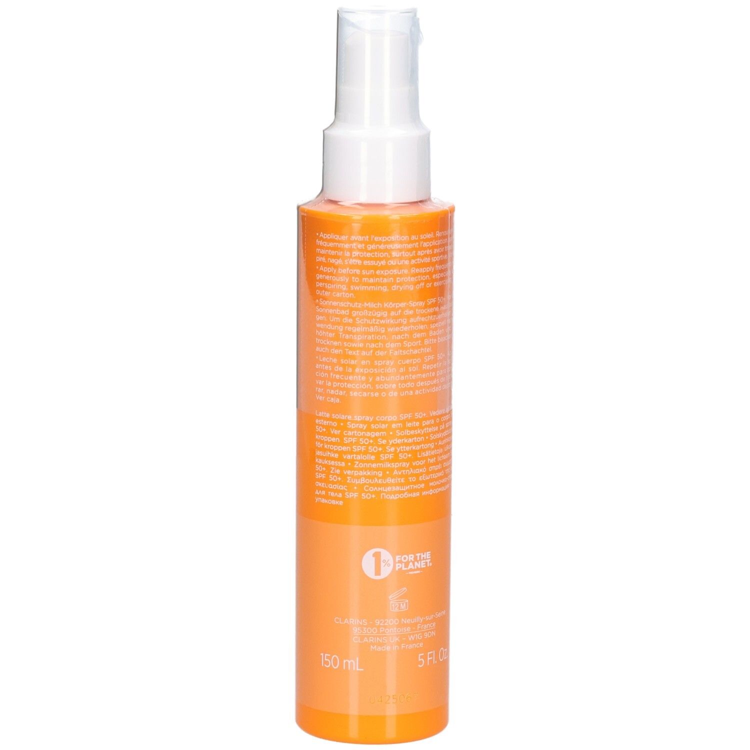 Clarins Zonnebrandlotion Spray SPF 50+ fles met aanduiding 150 ml en 5 FL. OZ.