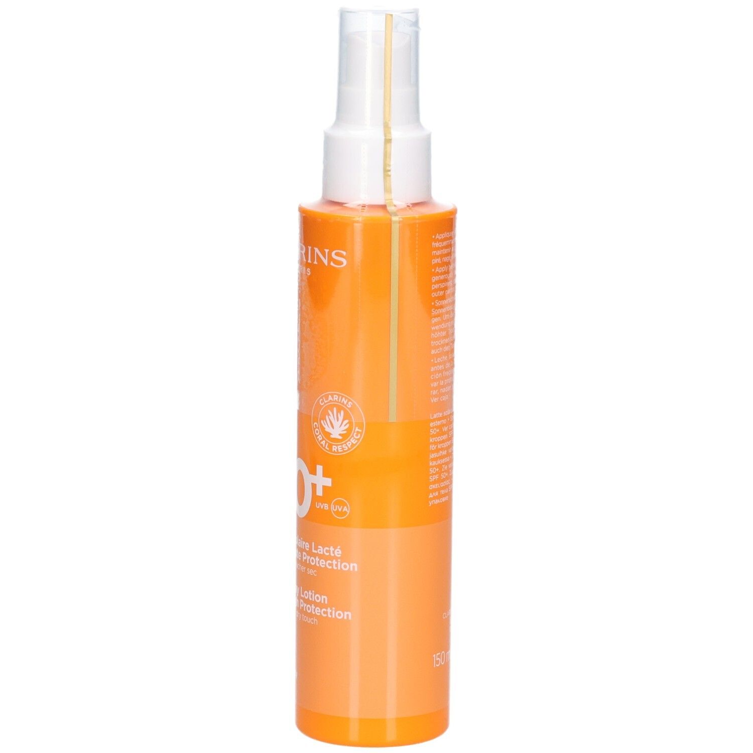 Clarins Zonnebrandlotion Spray SPF 50+ fles met zegel en tekst 'Very High Protection'.