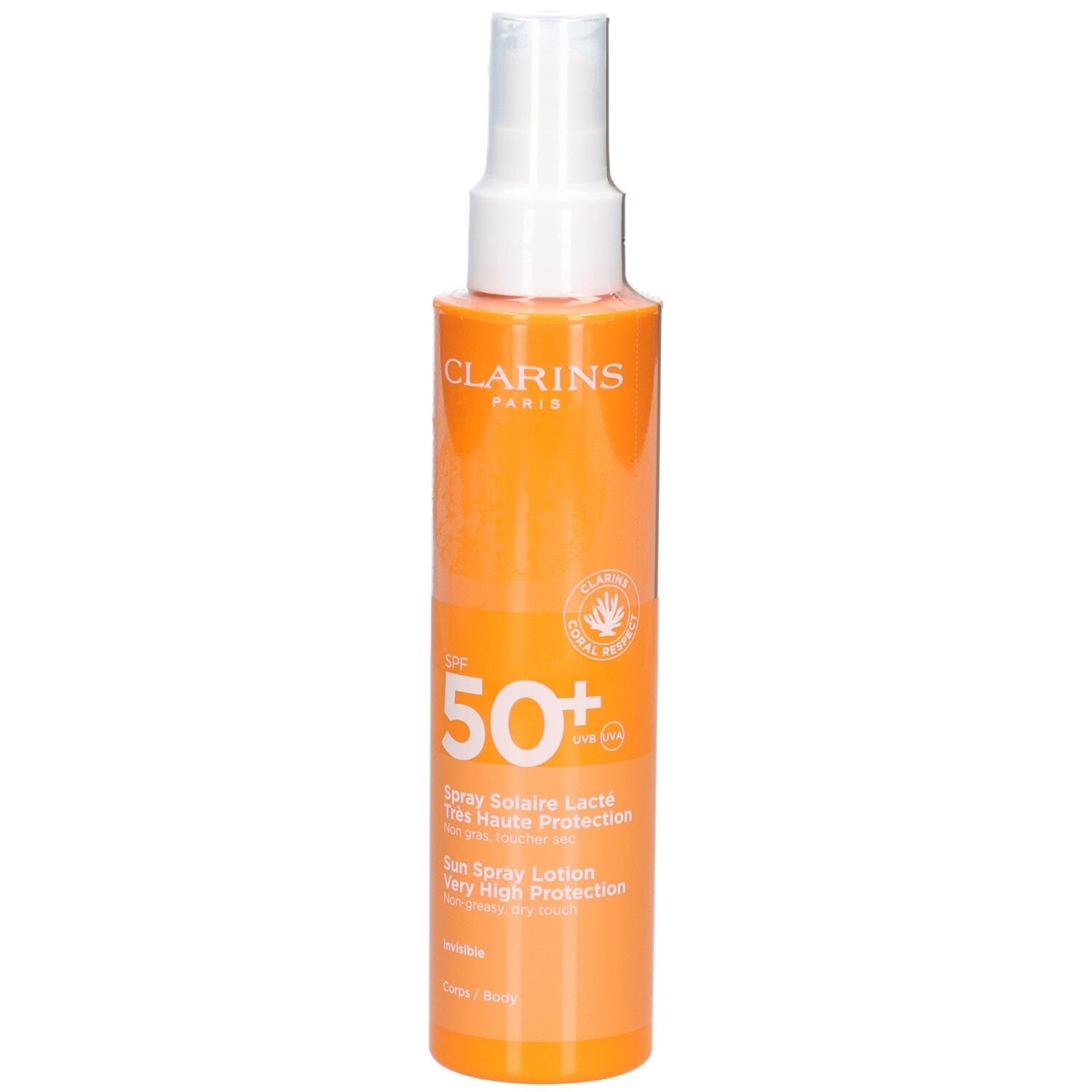 Clarins Zonnebrandlotion Spray SPF 50+ fles met zegel en tekst 'Very High Protection'.