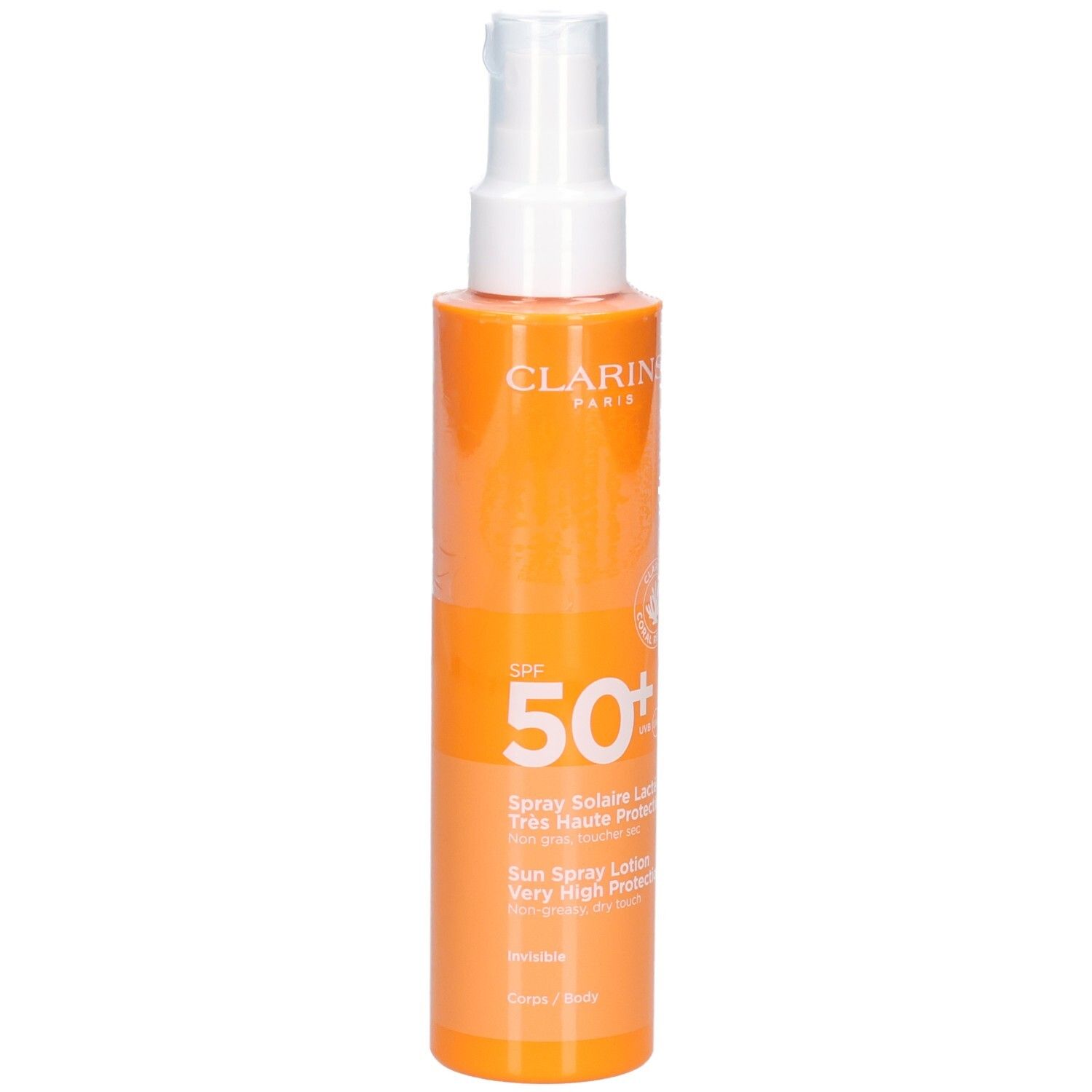 Clarins Zonnebrandlotion Spray SPF 50+ fles met zegel en tekst 'Very High Protection'.