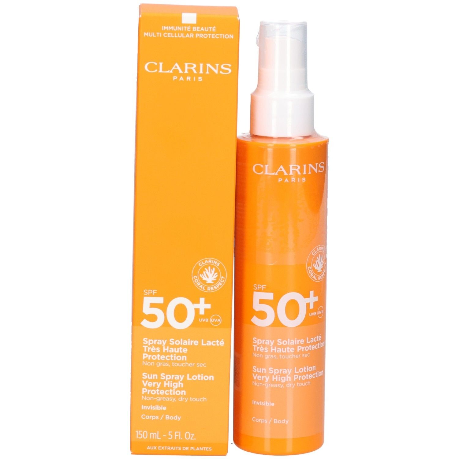 Clarins Zonnebrandlotion Spray SPF 50+ en verpakking met aanduiding 'SPF 50+'.