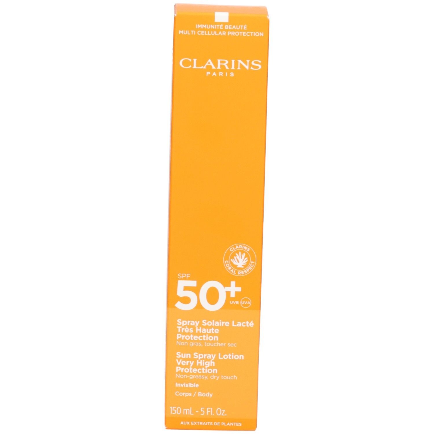 Verpakking Clarins Zonnebrandlotion Spray SPF 50+ met aanduiding 150 ml en 5 FL. OZ.