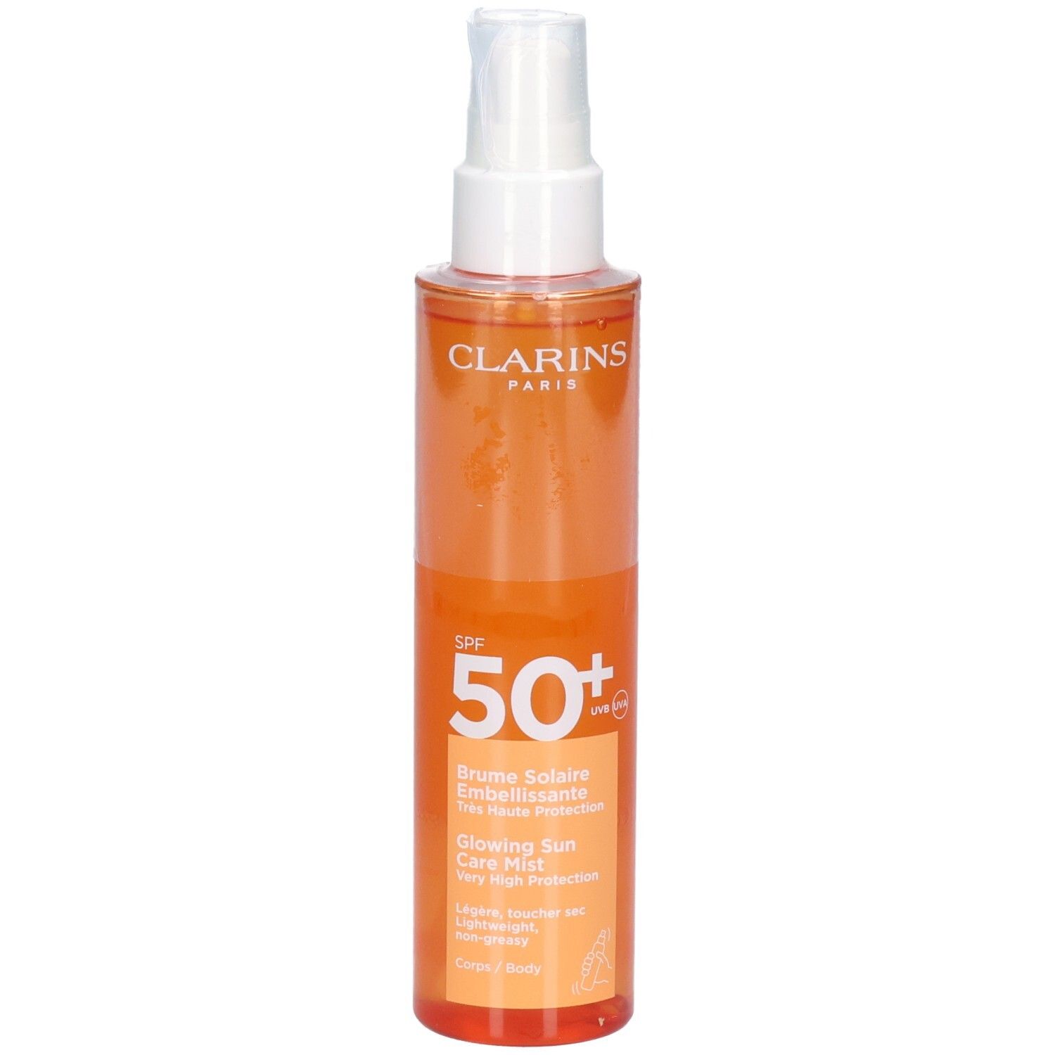 Brume solaire Clarins SPF 50+ dans un flacon orange avec tête de pulvérisation blanche.