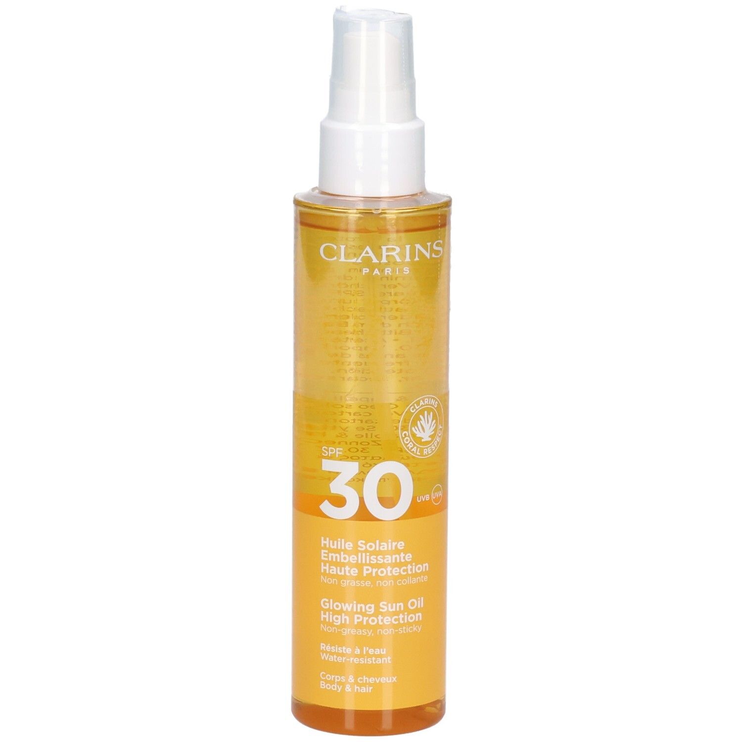 Clarins zonneolie SPF 30, doorzichtige fles met spray. Gele olie, witte dop.