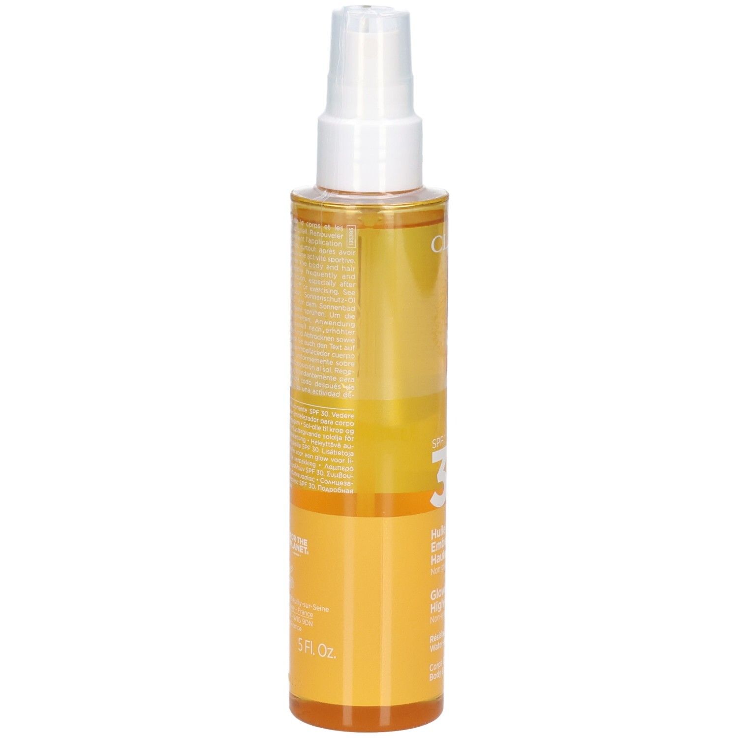Clarins zonneolie SPF 30, zijaanzicht. Doorzichtige fles met spray, gele olie.