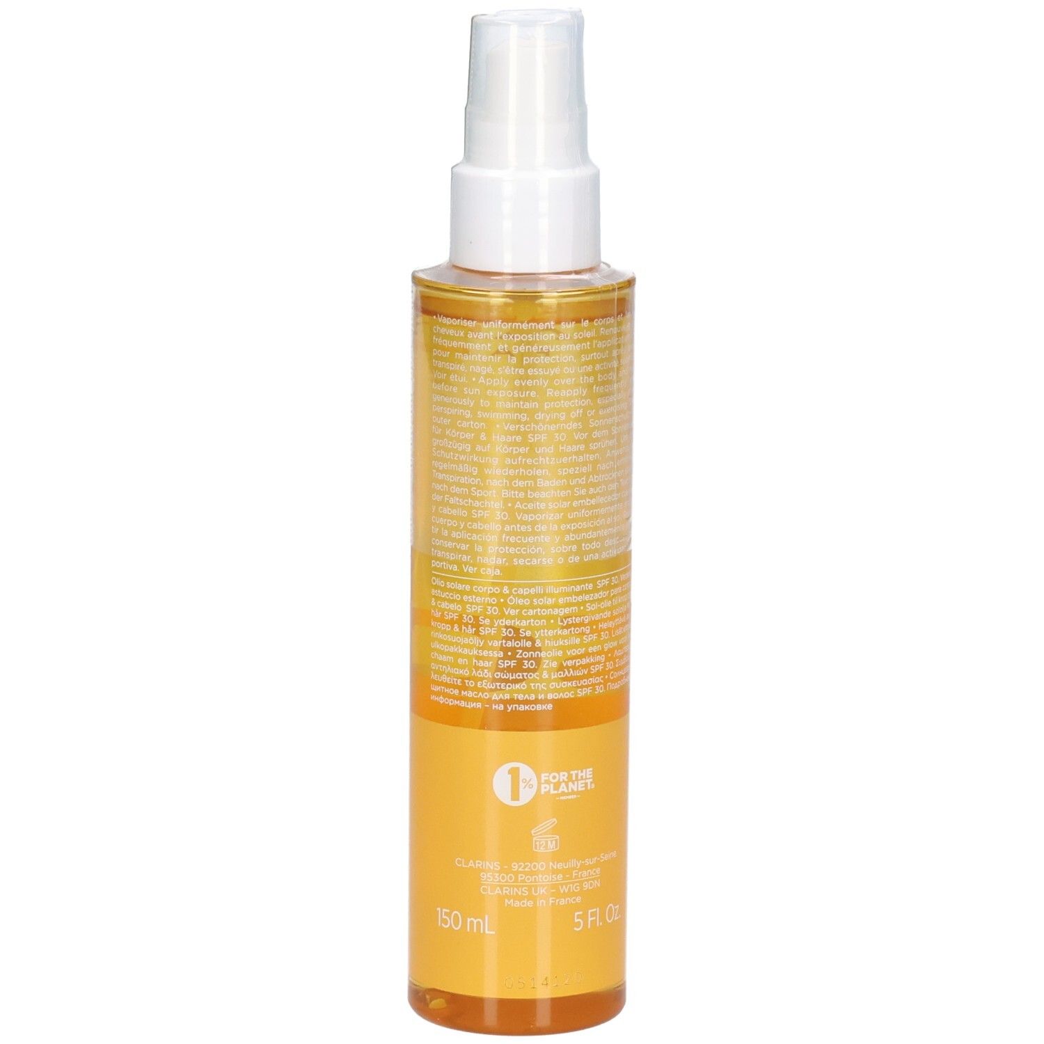 Clarins zonneolie SPF 30, achterkant. Fles met spray, gele olie, met tekst en logo.