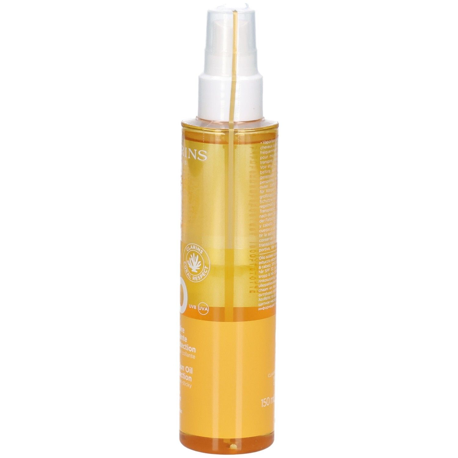 Clarins zonneolie SPF 30, zijaanzicht. Fles met spray, gele olie, met tekst.